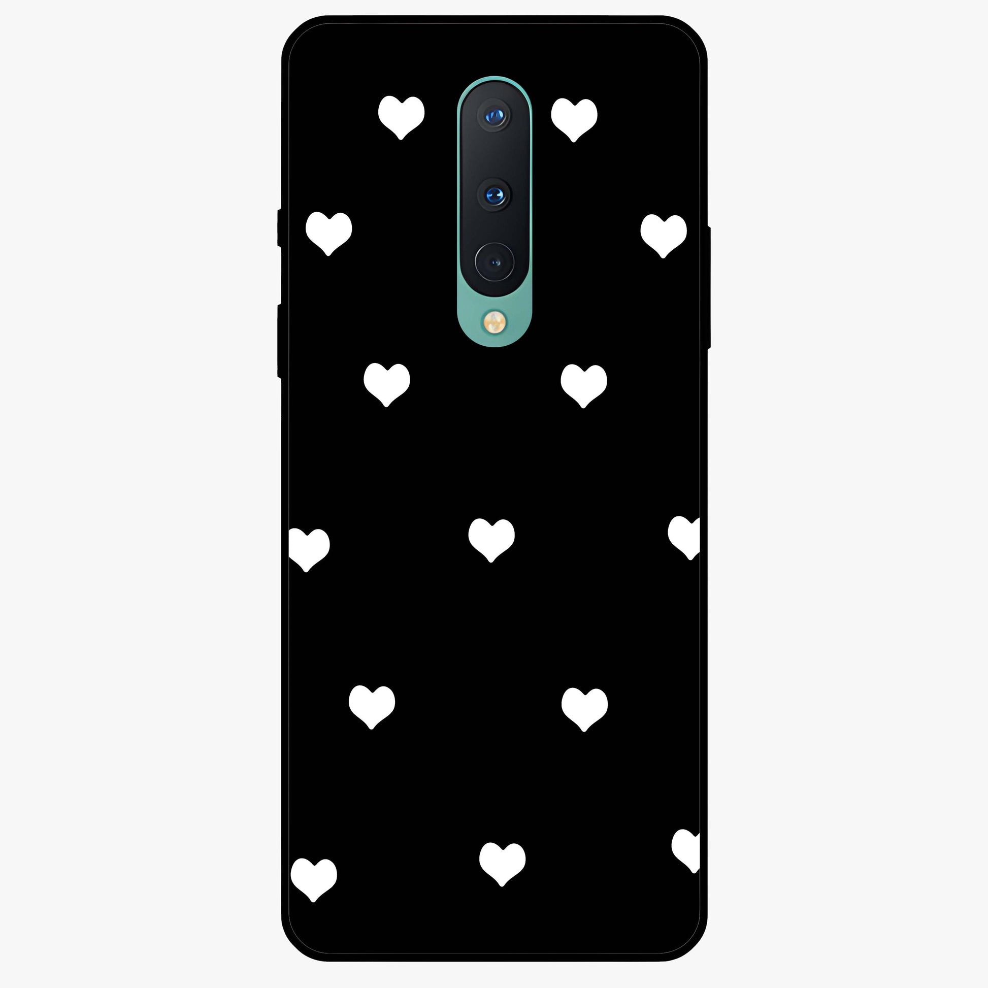 Cute And Simple White Hearts Glass Case showing flat back view with minimal white heart pattern and glossy glass finish.