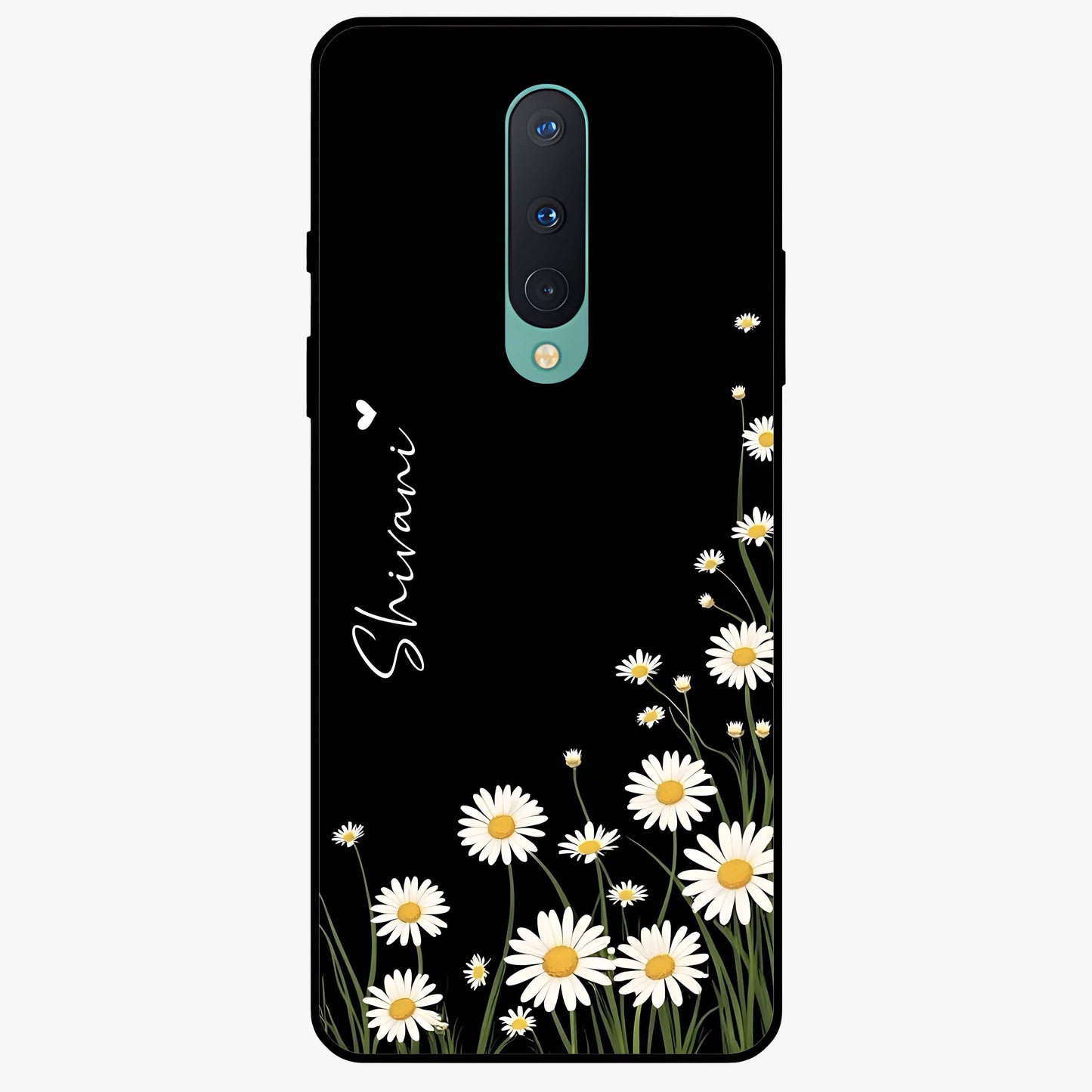 Daisy Cascade Custom Name Glass Case showing flat back view with cascading daisy flowers and personalized name design.
