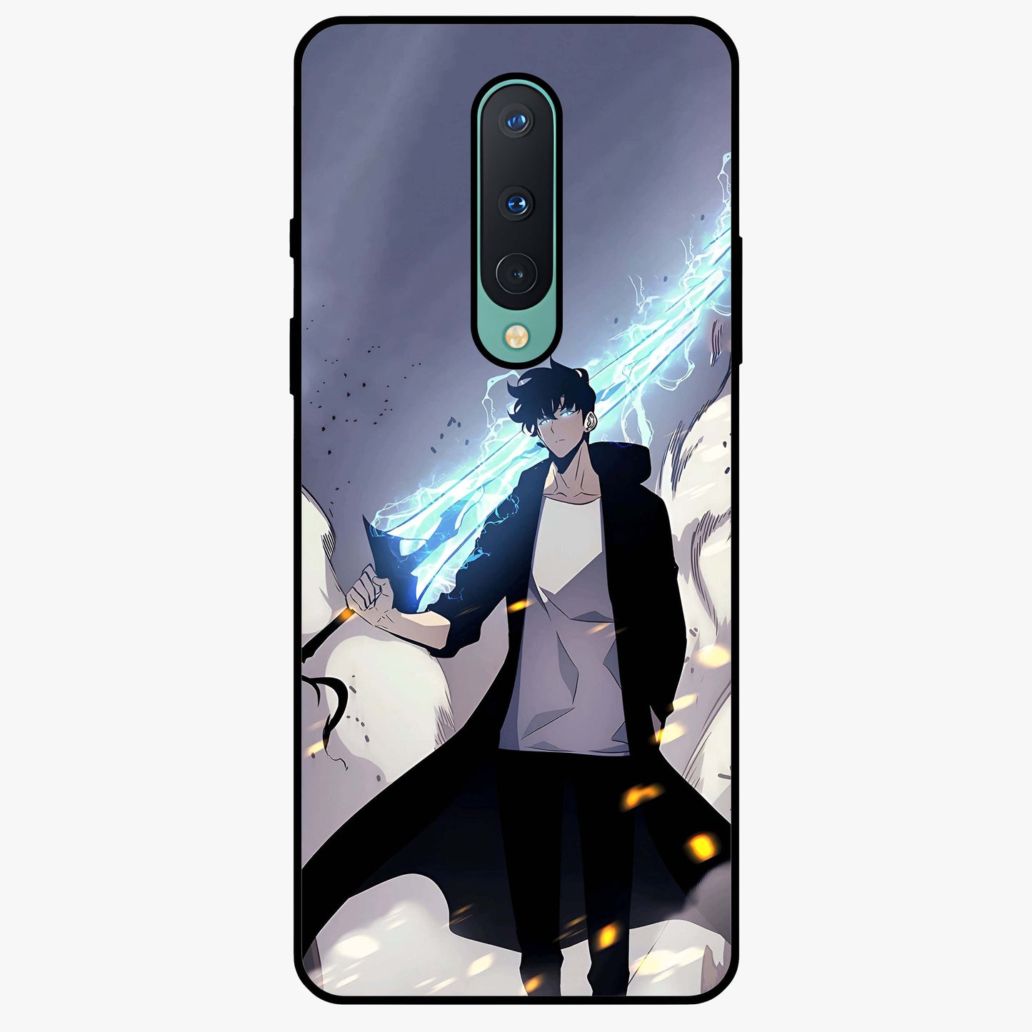 Dark Lightning Anime Warrior Glass Case showing flat back view with intense anime warrior artwork and glossy glass finish.