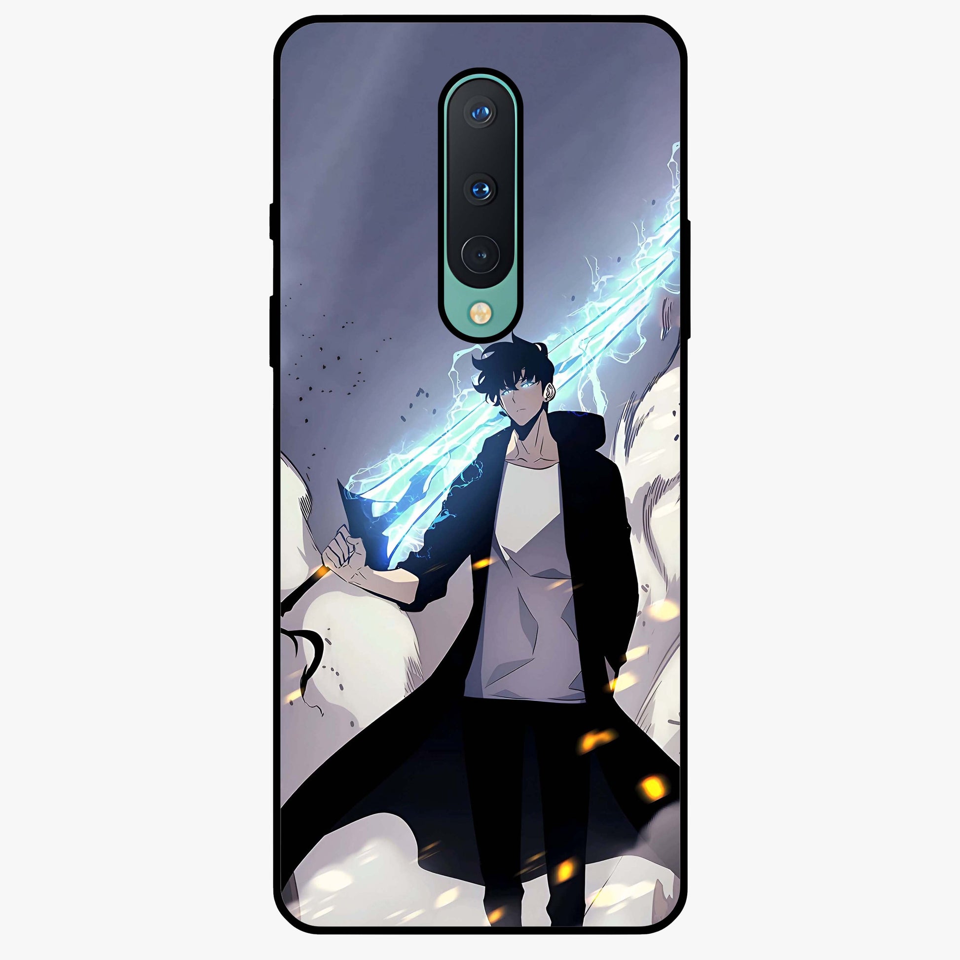 Dark Lightning Anime Warrior Glass Case showing flat back view with intense anime warrior artwork and glossy glass finish.