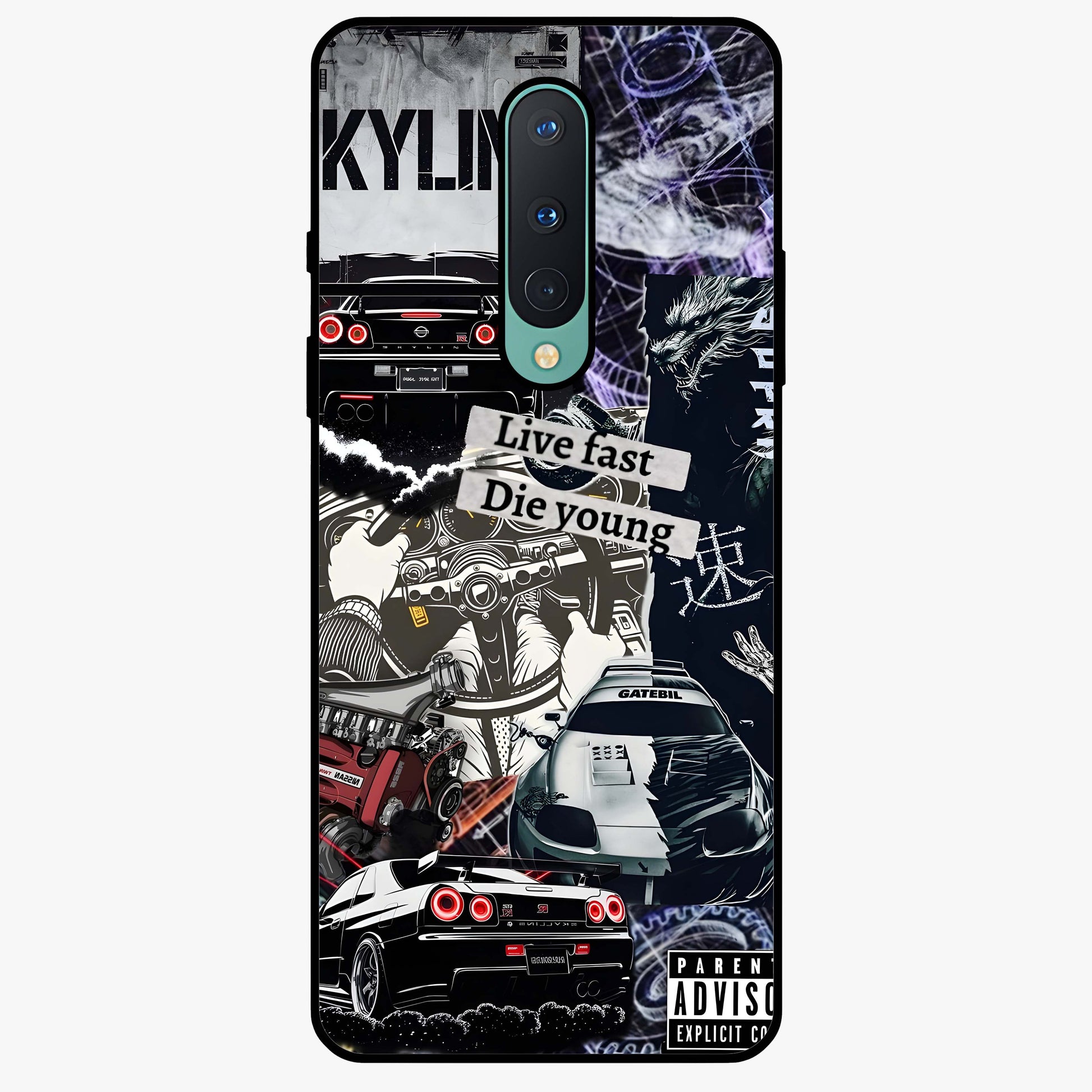 Die Young Glass Case showing flat back view with bold artistic typography design and glossy glass finish.