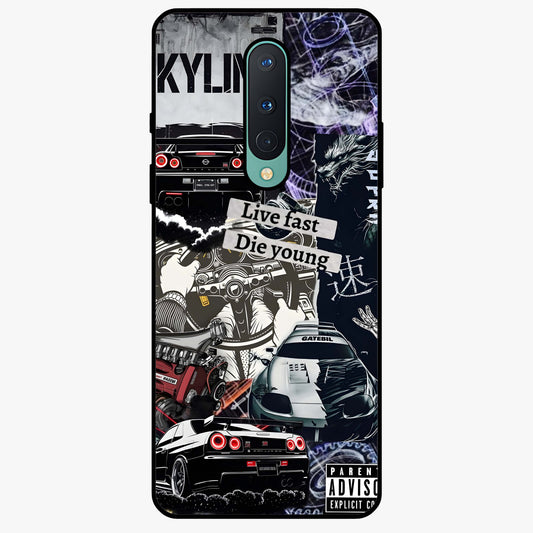 Die Young Glass Case showing flat back view with bold artistic typography design and glossy glass finish.