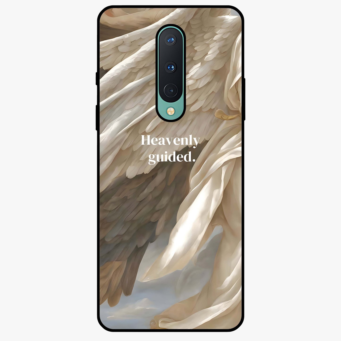 Divine Winged Grace Glass Case showing flat back view with elegant wing inspired artwork and glossy glass finish.