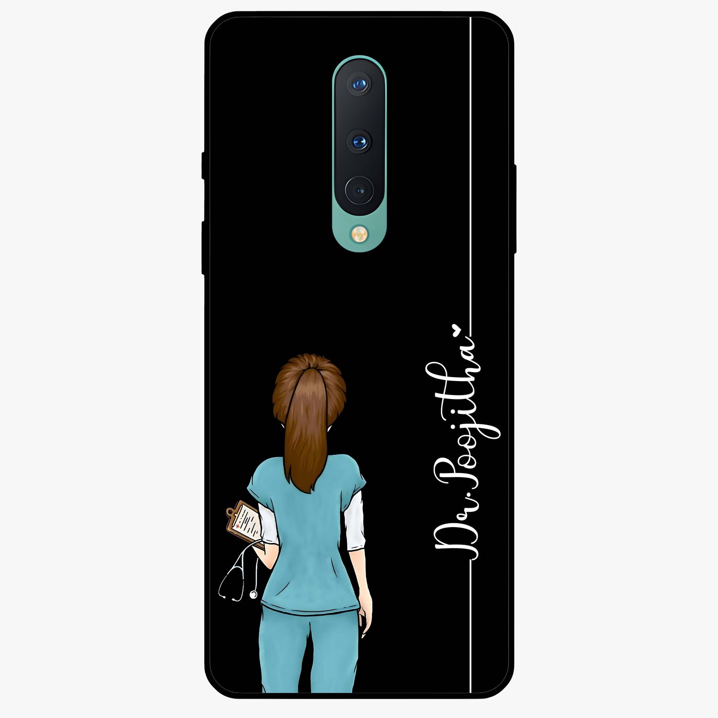 Doctor Pattern Custom Name Glass Case showing flat back view with medical themed pattern and personalized name design.