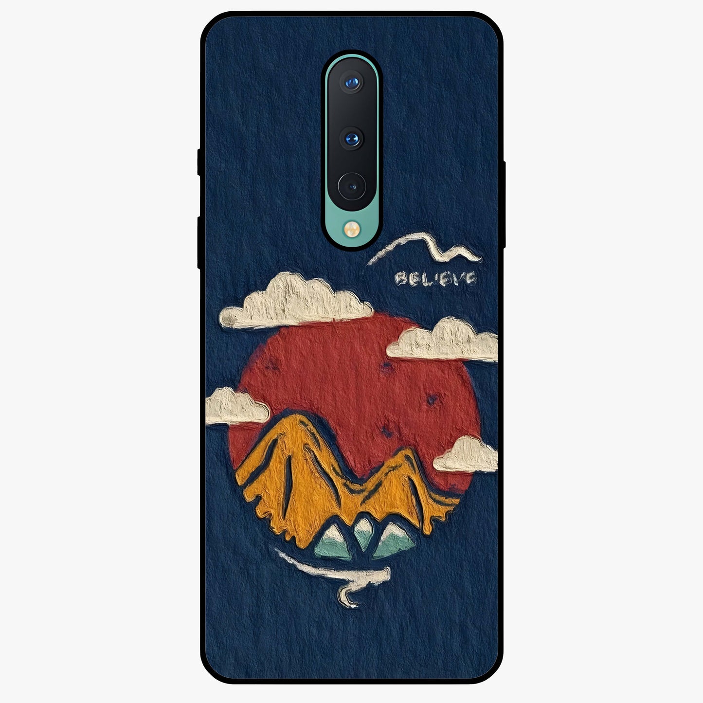 Dream Beyond Mountains Glass Case showing flat back view with scenic mountain landscape artwork and glossy glass finish.