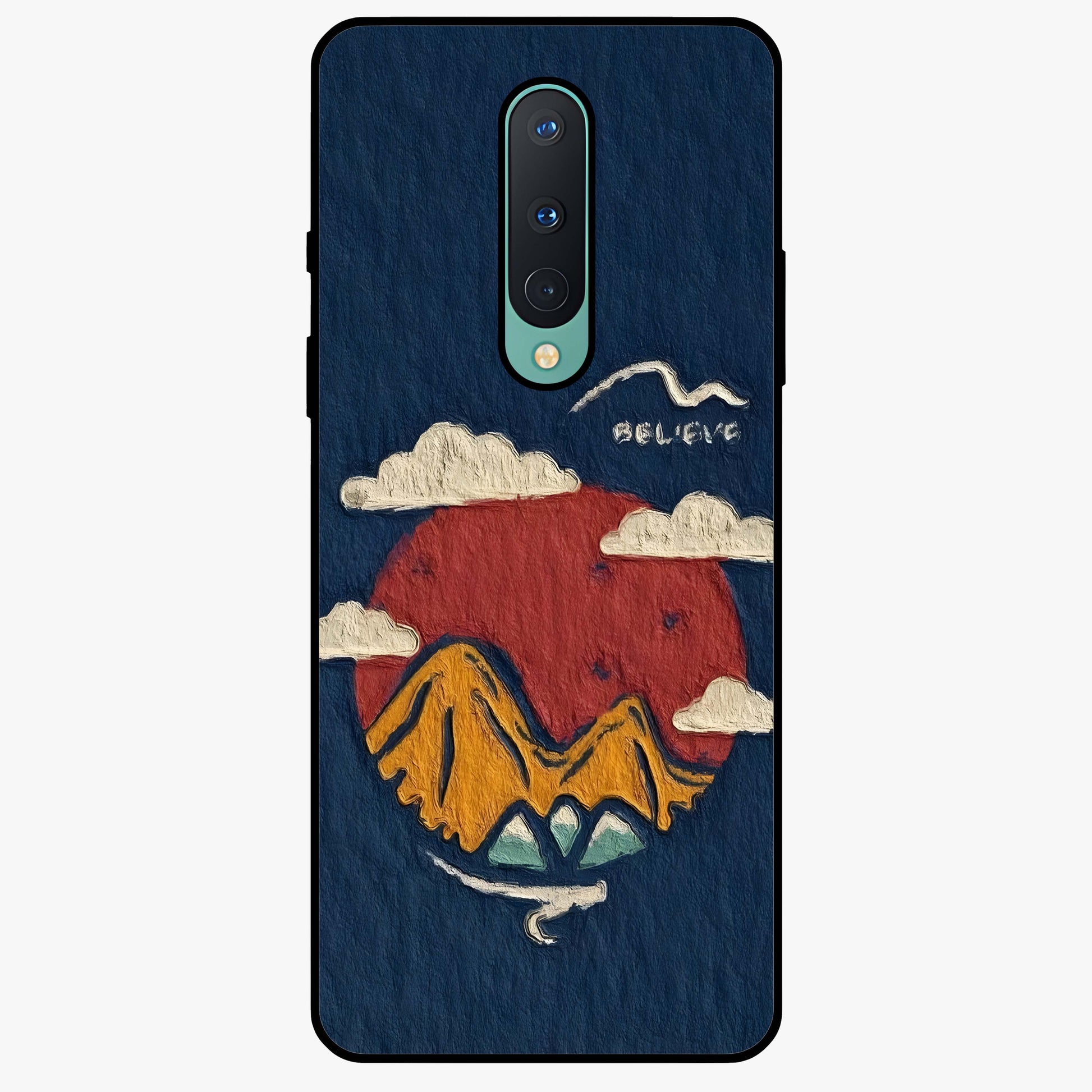 Dream Beyond Mountains Glass Case showing flat back view with scenic mountain landscape artwork and glossy glass finish.