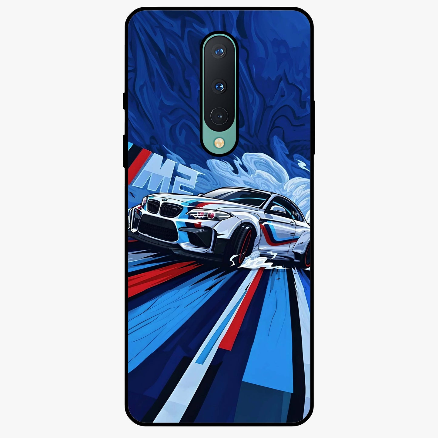 Drift Power Rush Glass Case showing flat back view with dynamic racing inspired artwork and glossy glass finish.