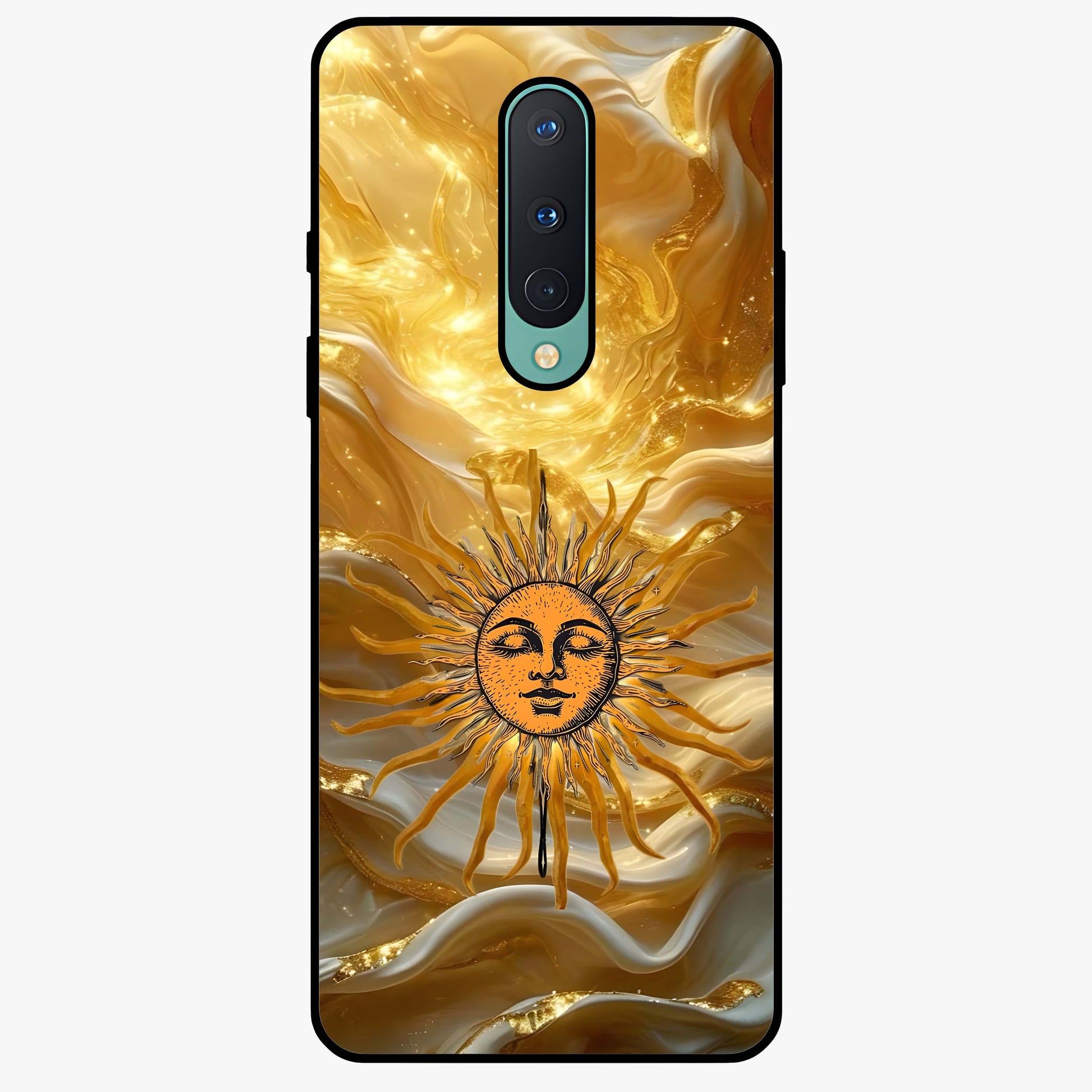 Eternal Golden Glow Glass Case showing flat back view with radiant golden themed artwork and glossy glass finish.