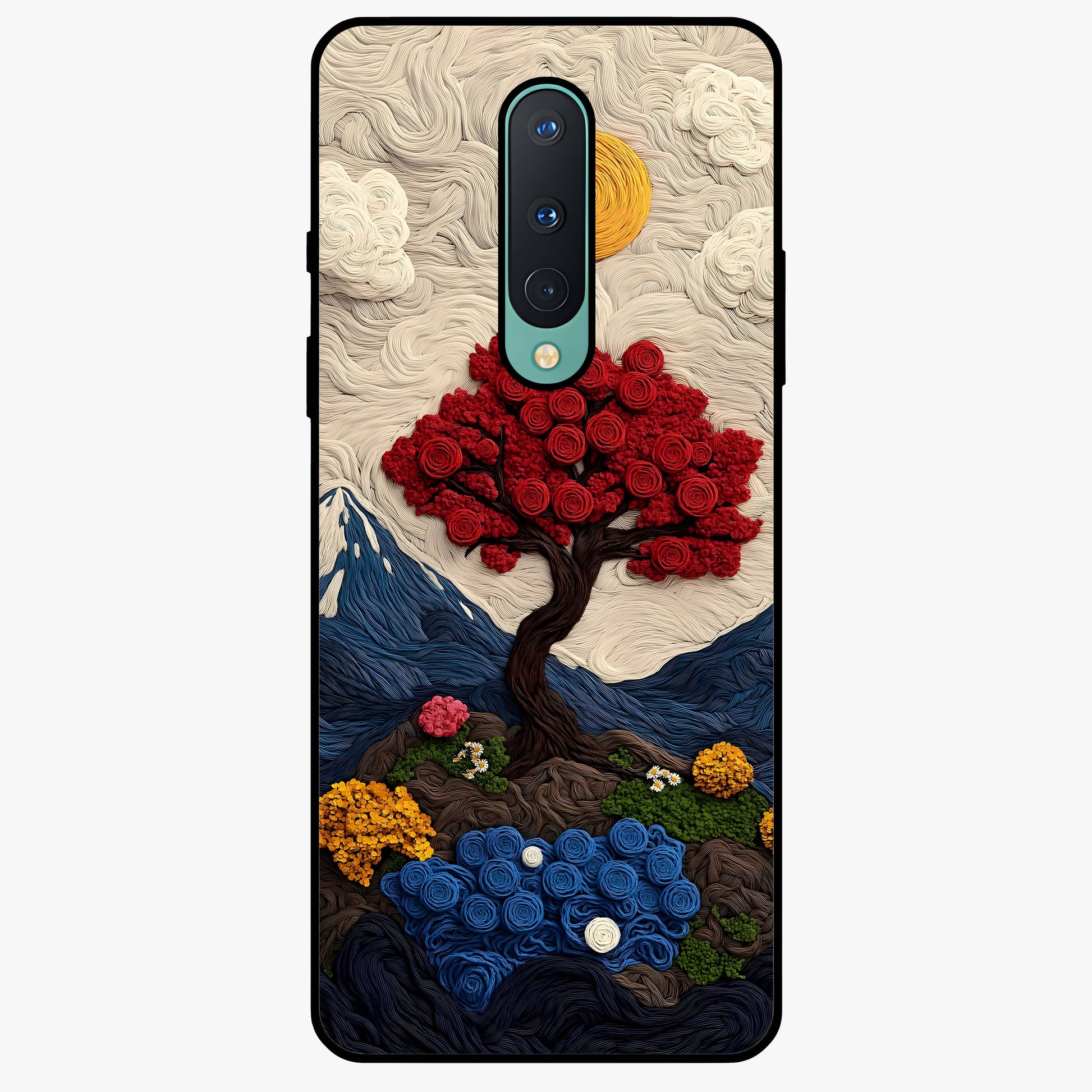 Eternal Nature Tapestry Glass Case showing flat back view with intricate nature tapestry artwork and glossy glass finish.