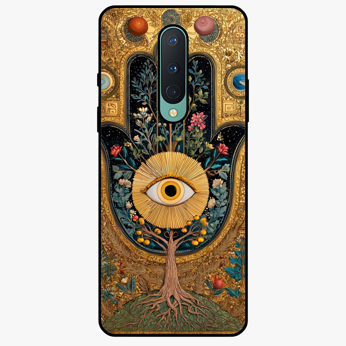 Ethereal Evil Eye Glass Case showing flat back view with mystical evil eye artwork and glossy glass finish.
