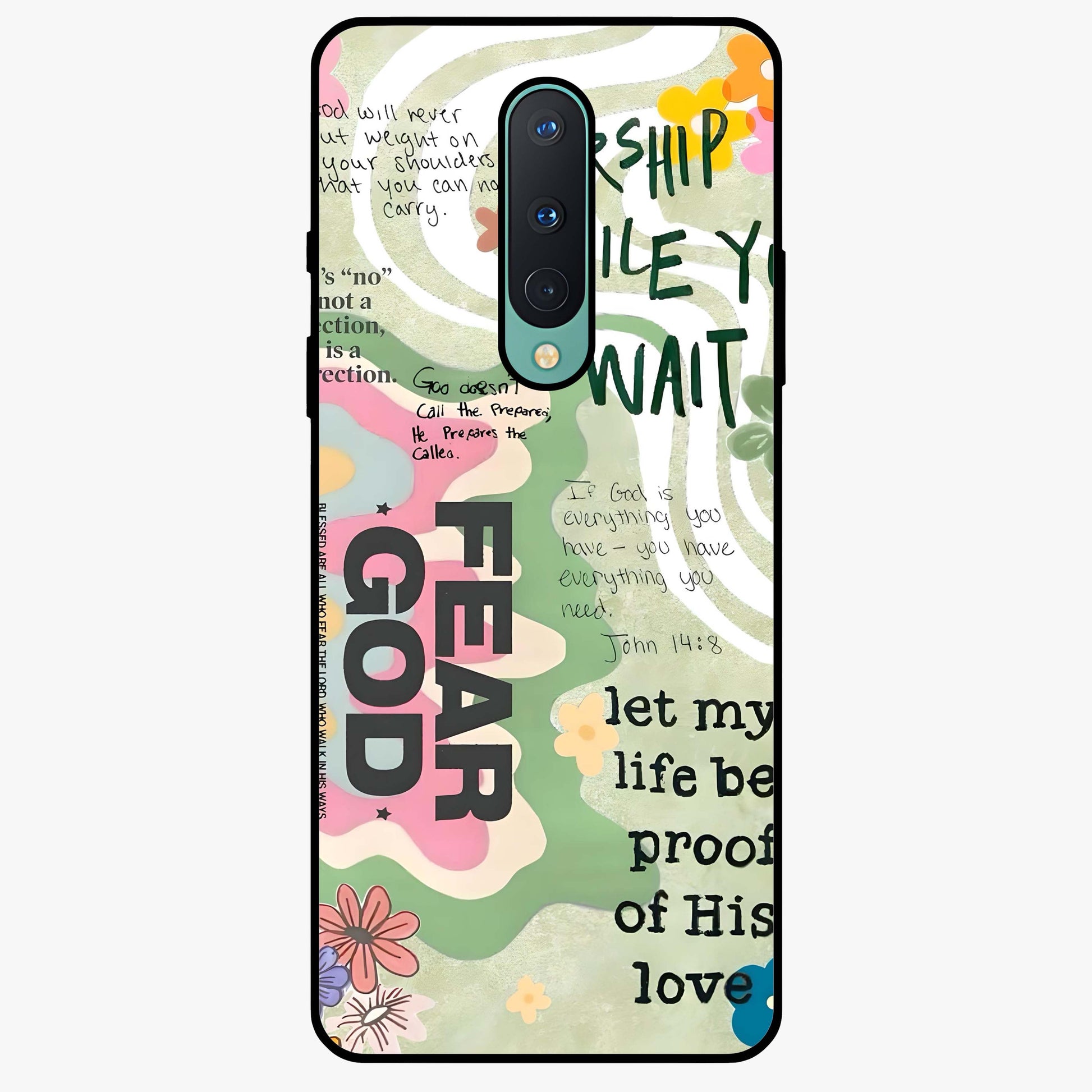 Faith Over Fear Glass Case showing flat back view with motivational typography artwork and glossy glass finish.