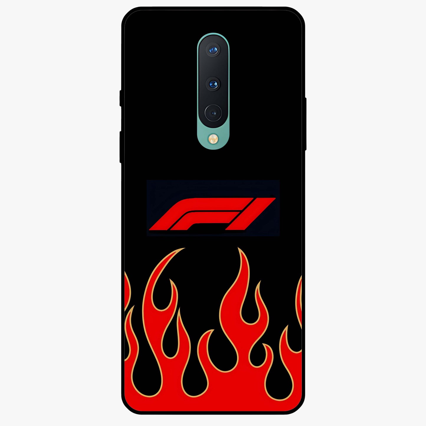 Fire F11 Glass Case showing flat back view with fiery themed artwork and glossy glass finish.