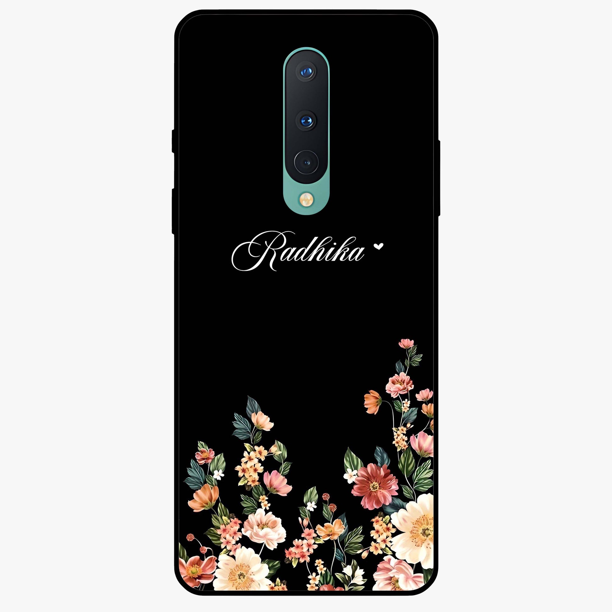 Floral Design With a Custom Personalized Name Glass Case showing flat back view with floral artwork and personalized name design.