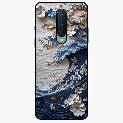 Floral Wave Origami Glass Case showing flat back view with origami inspired floral wave artwork and glossy glass finish.