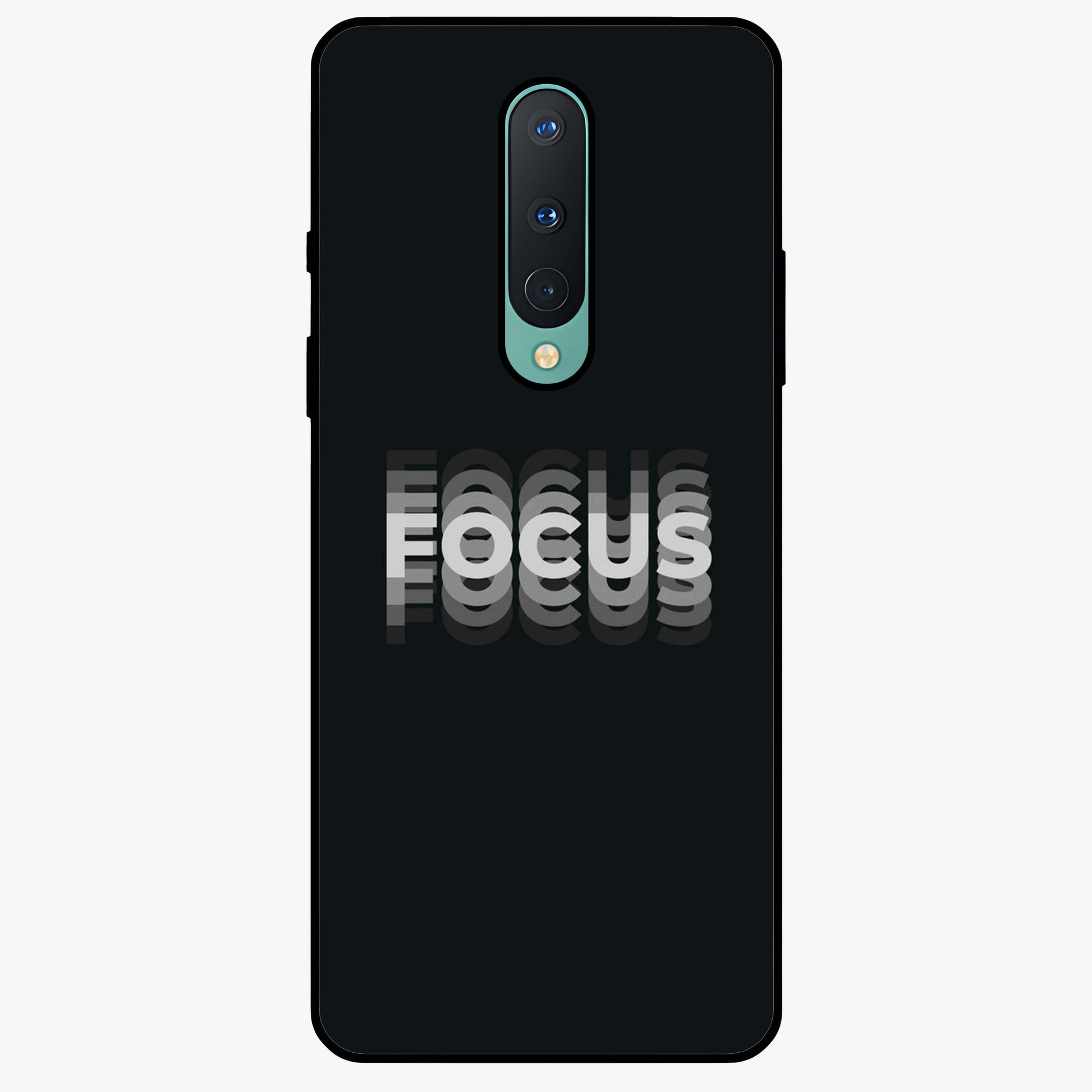 Focus Mode On Glass Case showing flat back view with bold motivational typography design and glossy glass finish.