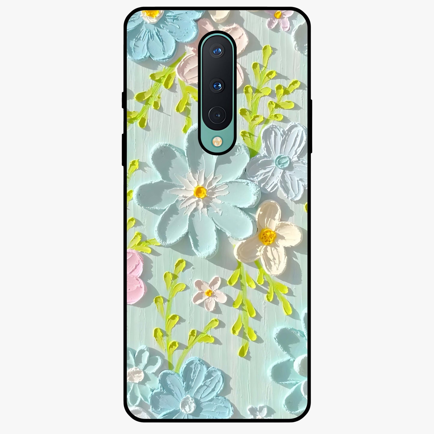 Frosted Petal Garden Glass Case showing flat back view with soft frosted floral artwork and glossy glass finish.
