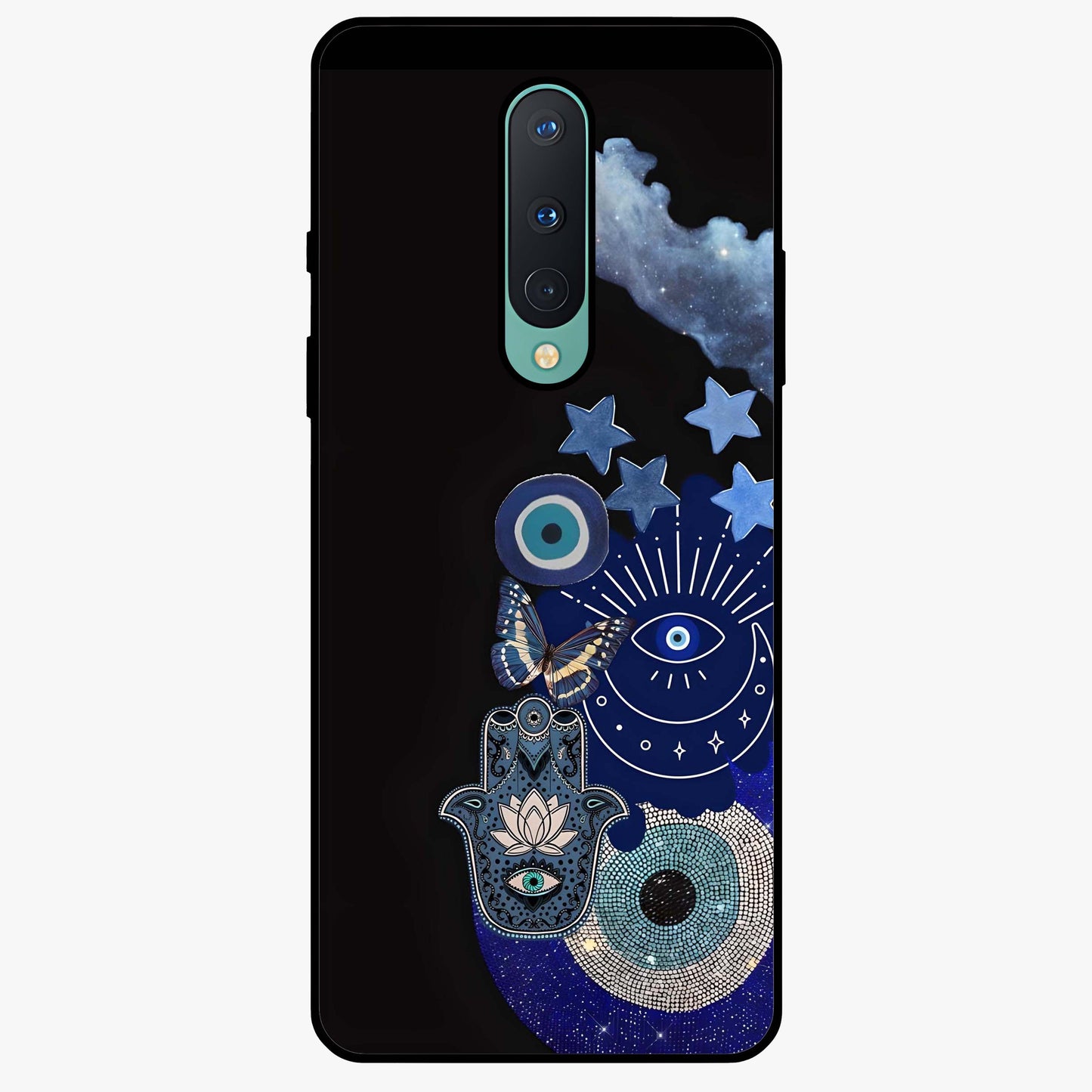 Galactic Charm Cluster Glass Case showing flat back view with glowing celestial charm artwork and glossy glass finish.