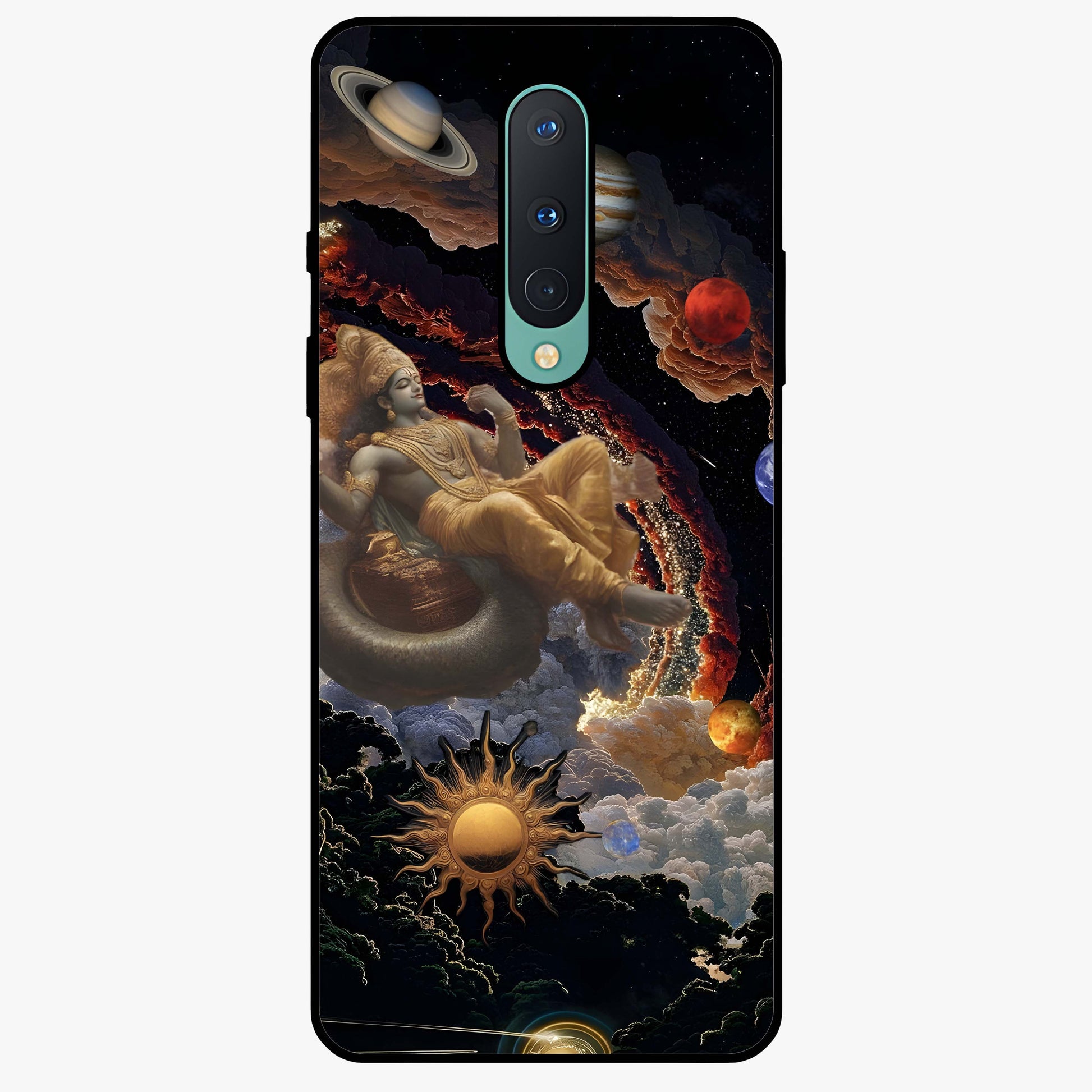 Galactic Divine God Glass Case showing flat back view with divine cosmic themed artwork and glossy glass finish.