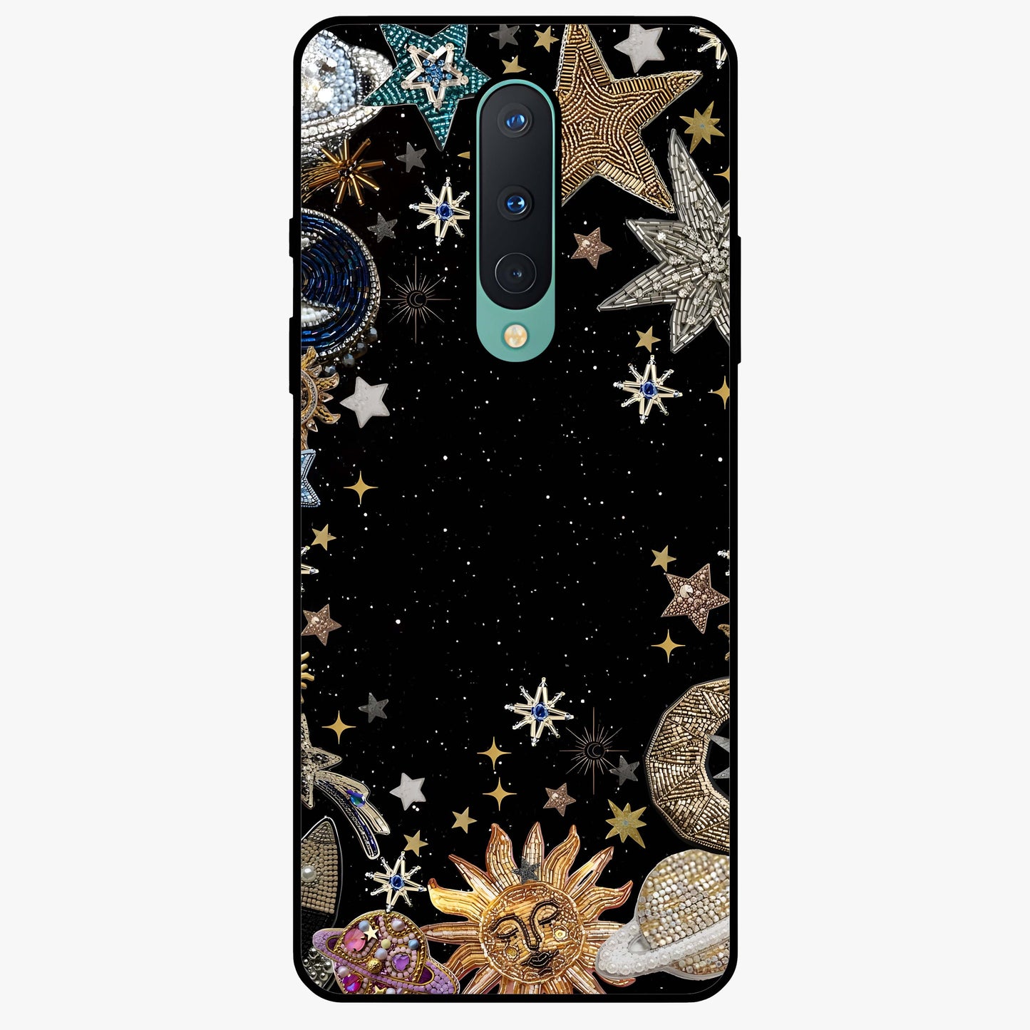 Galactic Jewel Stars Glass Case showing flat back view with sparkling star jewel artwork and glossy glass finish.