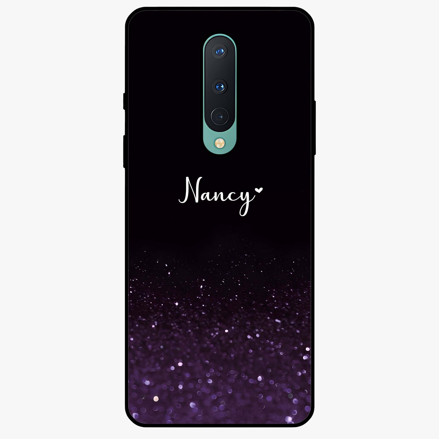 Glittery Purple Bokeh Custom Name Glass Case showing flat back view with purple bokeh sparkle artwork and personalized name design.