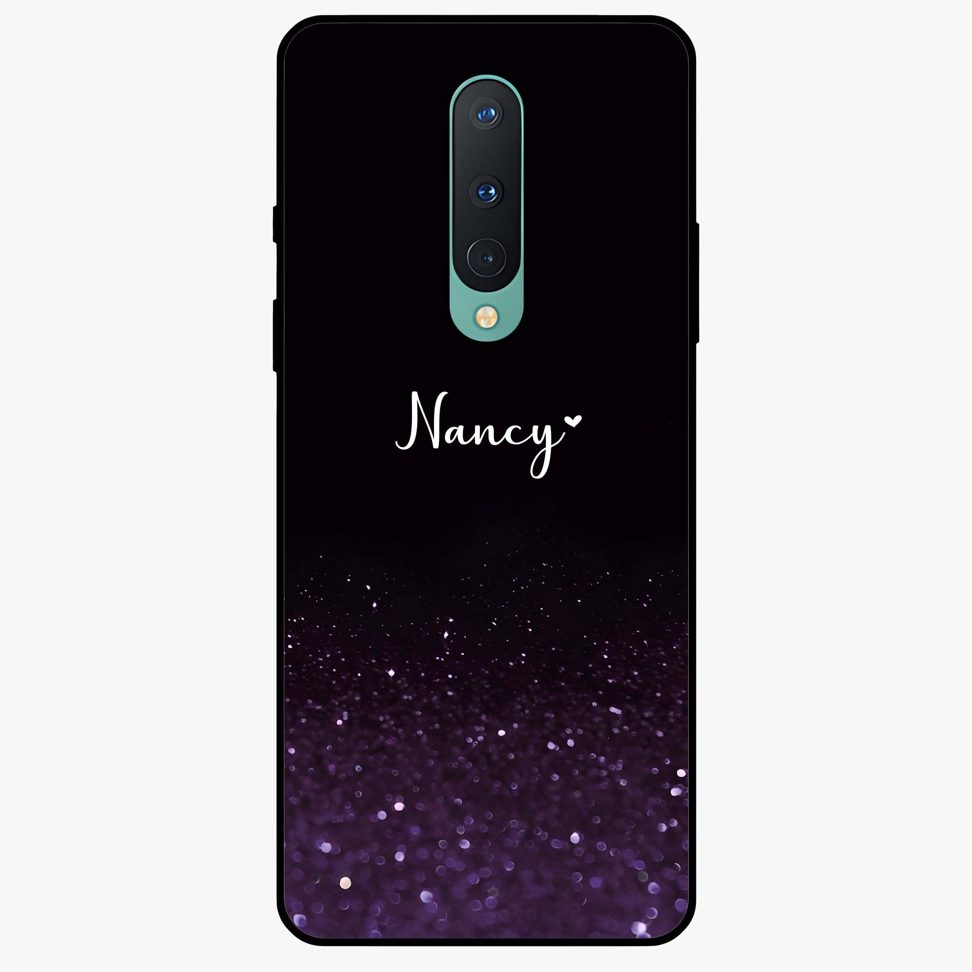 Glittery Purple Bokeh Custom Name Glass Case showing flat back view with purple bokeh sparkle artwork and personalized name design.