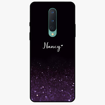 Glittery Purple Bokeh Custom Name Glass Case showing flat back view with purple bokeh sparkle artwork and personalized name design.