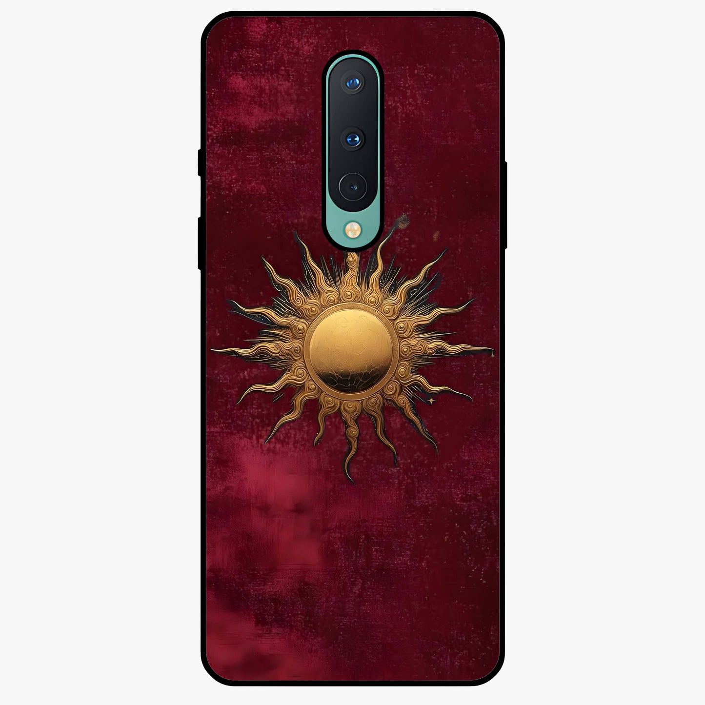Gold Sun Blush Glass Case showing flat back view with golden sun inspired artwork and glossy glass finish.