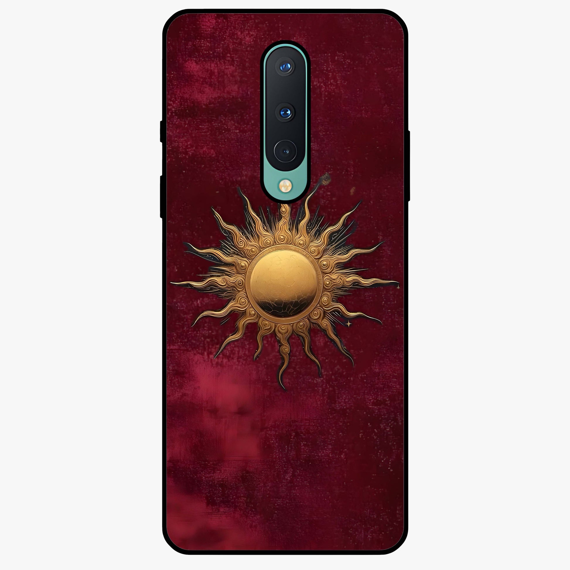 Gold Sun Blush Glass Case showing flat back view with golden sun inspired artwork and glossy glass finish.