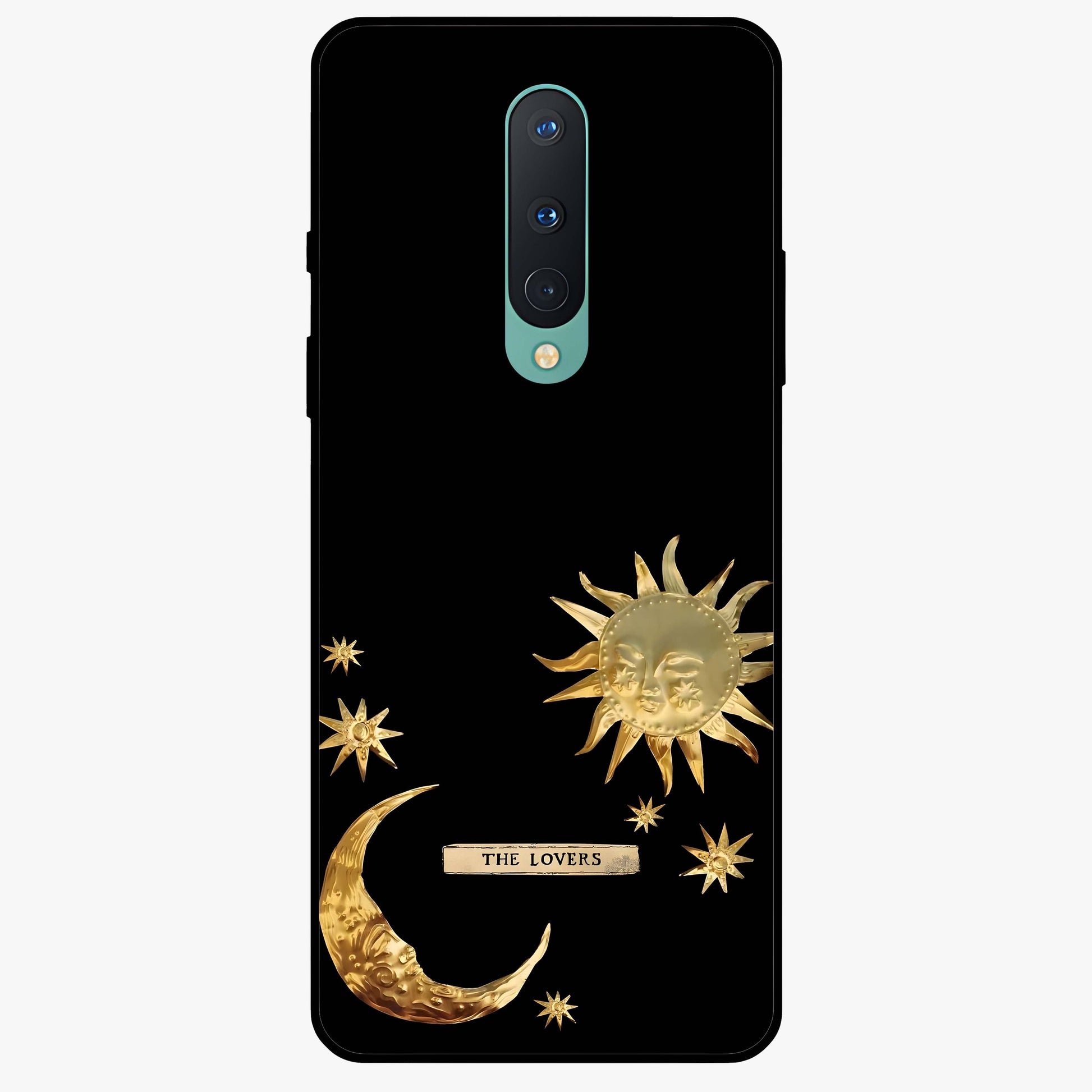 Golden Celestial Charm Glass Case showing flat back view with golden celestial charm artwork and glossy glass finish.