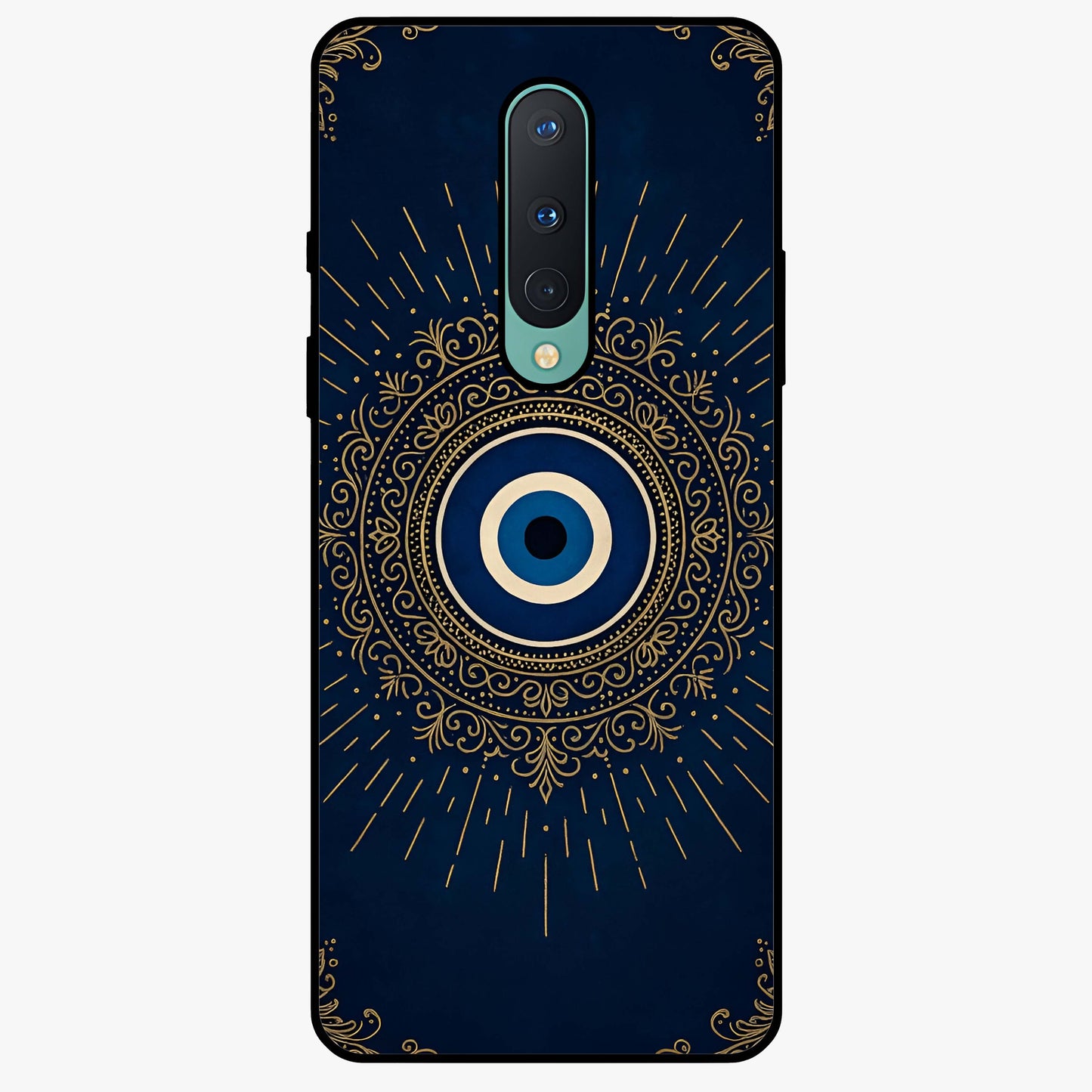 Golden Evil Eye Mandala Glass Case showing flat back view with intricate evil eye mandala artwork and glossy glass finish.