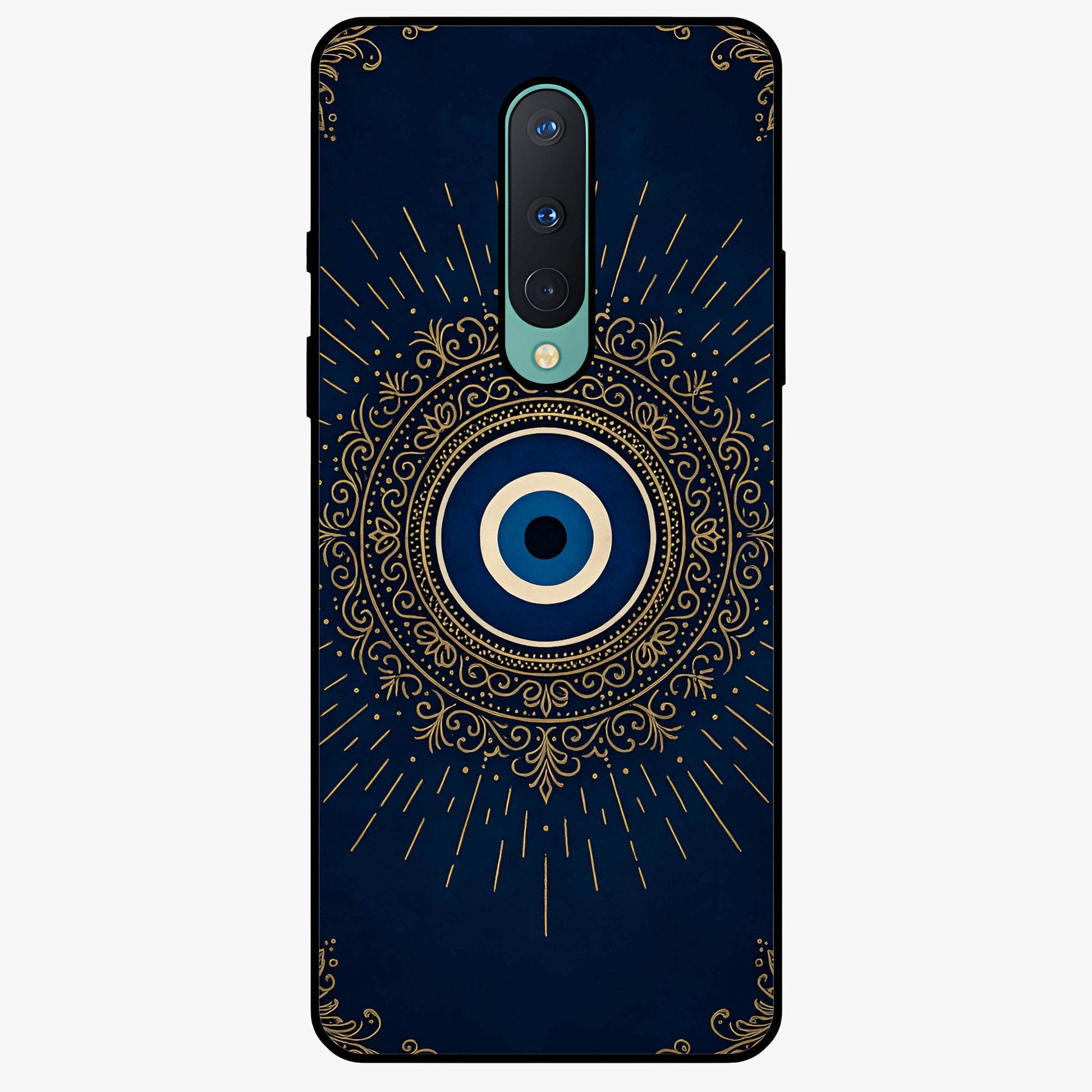 Golden Evil Eye Mandala Glass Case showing flat back view with intricate evil eye mandala artwork and glossy glass finish.