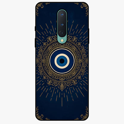 Golden Evil Eye Mandala Glass Case showing flat back view with intricate evil eye mandala artwork and glossy glass finish.
