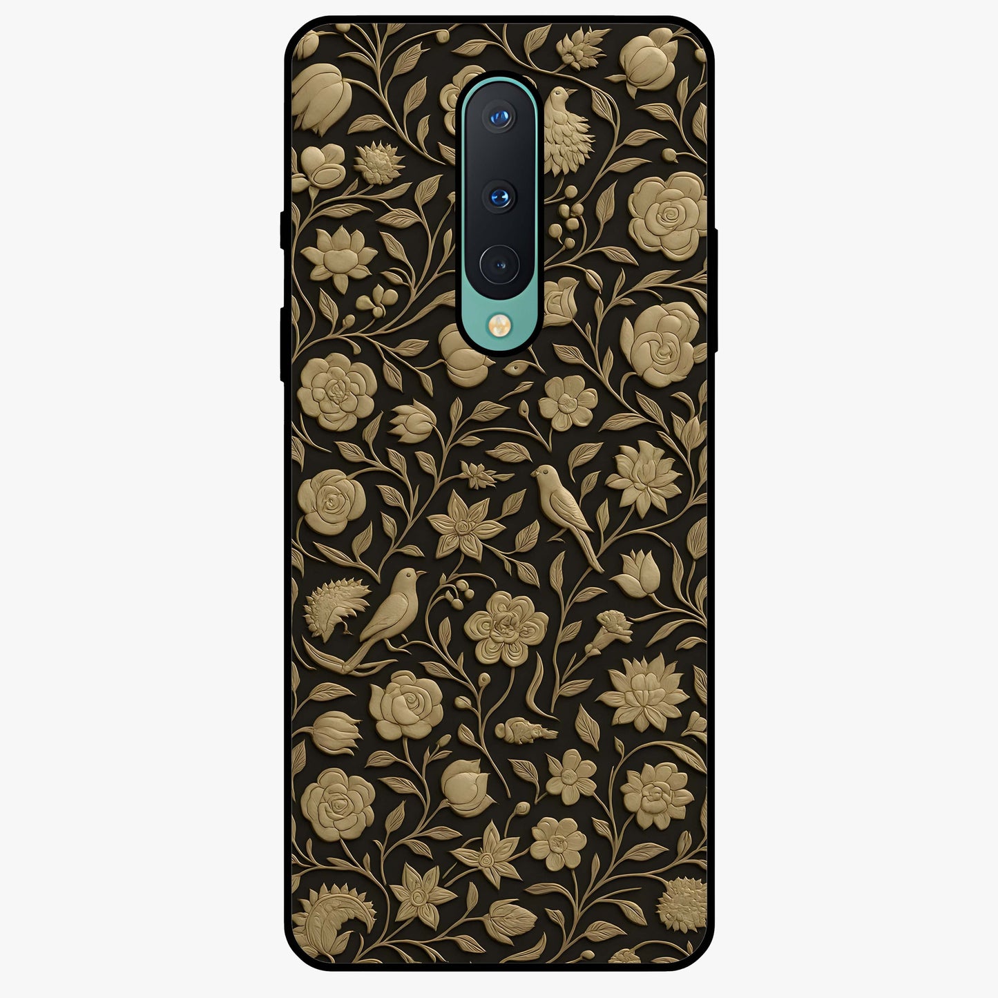 Golden Floral Majesty Glass Case showing flat back view with luxurious golden floral artwork and glossy glass finish.