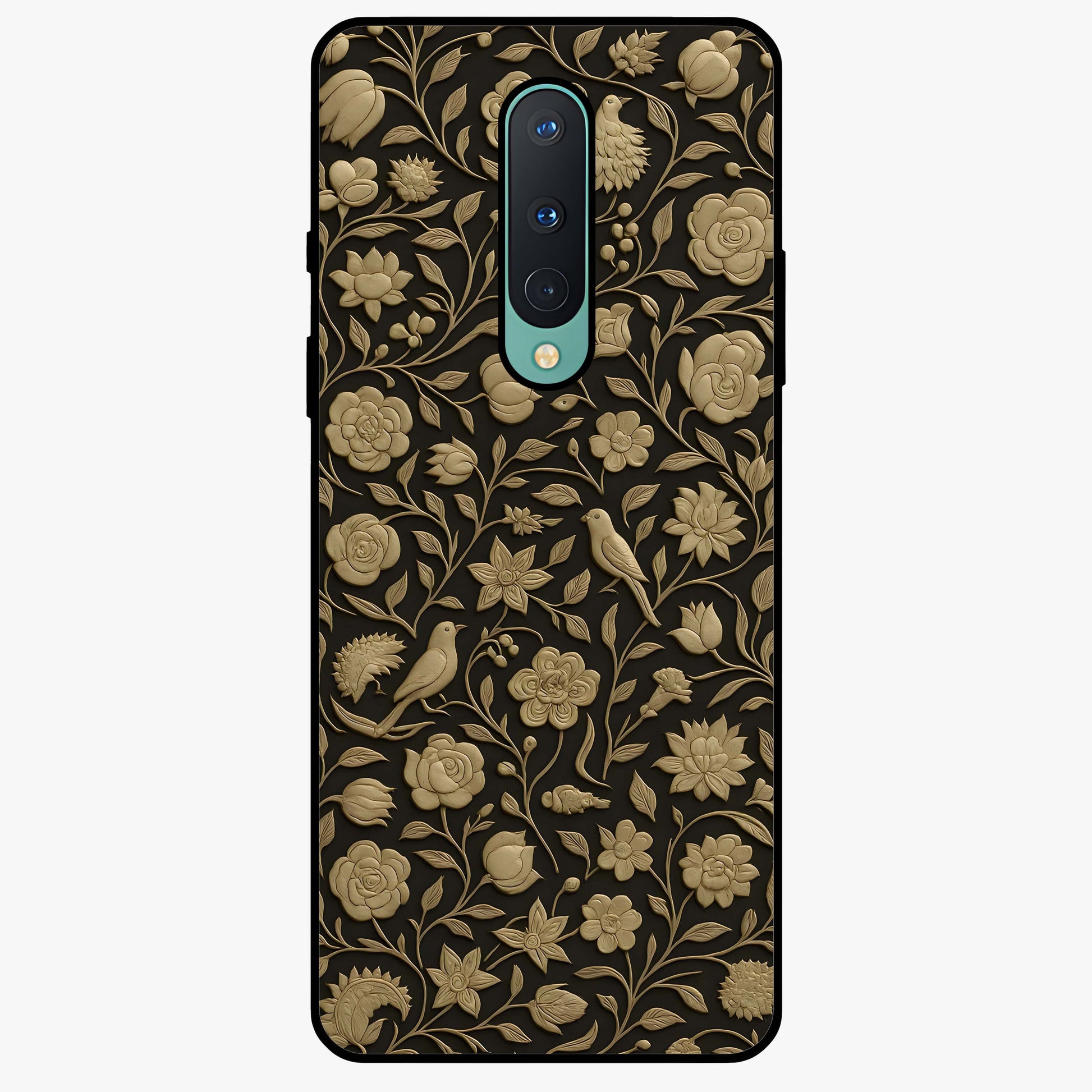 Golden Floral Majesty Glass Case showing flat back view with luxurious golden floral artwork and glossy glass finish.