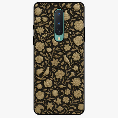 Golden Floral Majesty Glass Case showing flat back view with luxurious golden floral artwork and glossy glass finish.