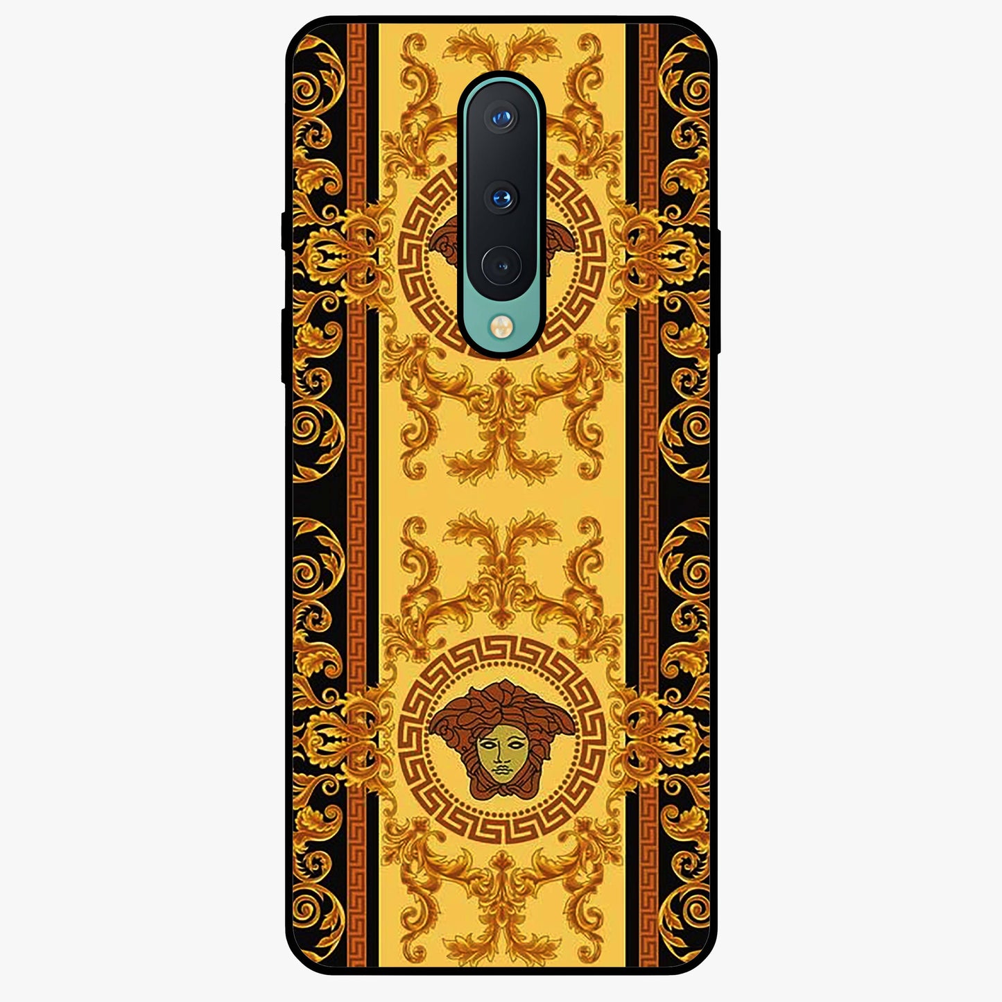 Golden Royal Heritage Glass Case showing flat back view with ornate royal pattern artwork and glossy glass finish.