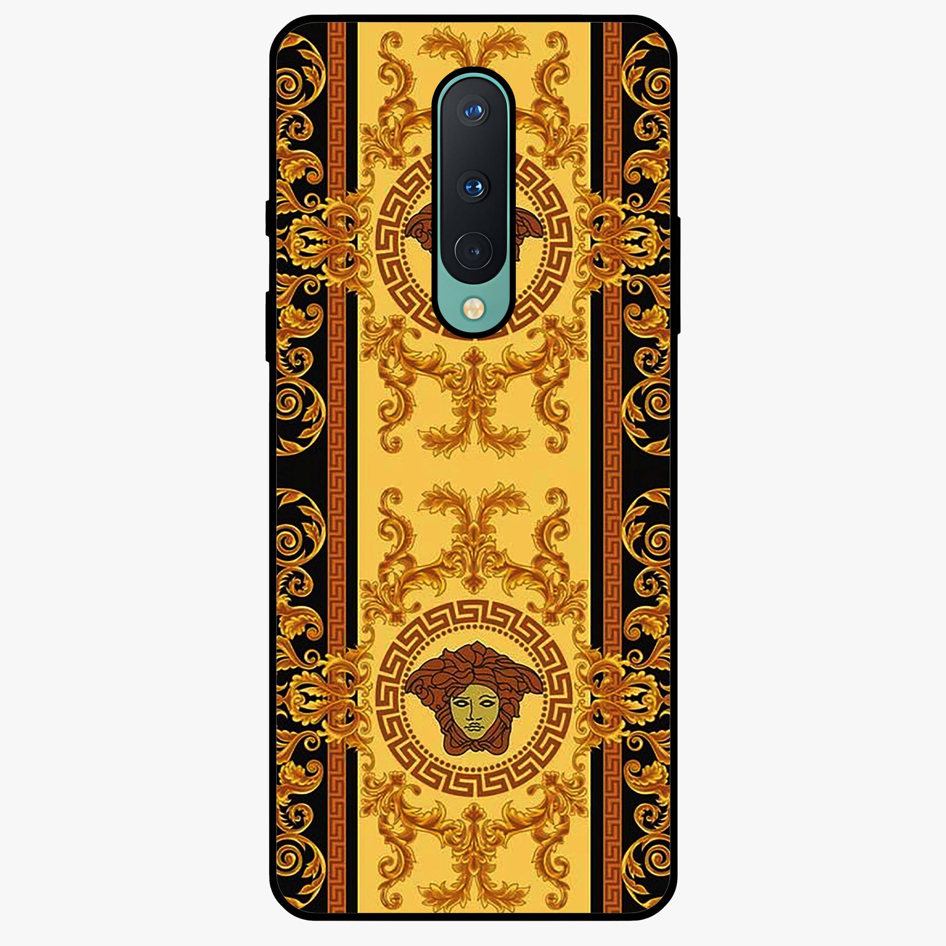 Golden Royal Heritage Glass Case showing flat back view with ornate royal pattern artwork and glossy glass finish.