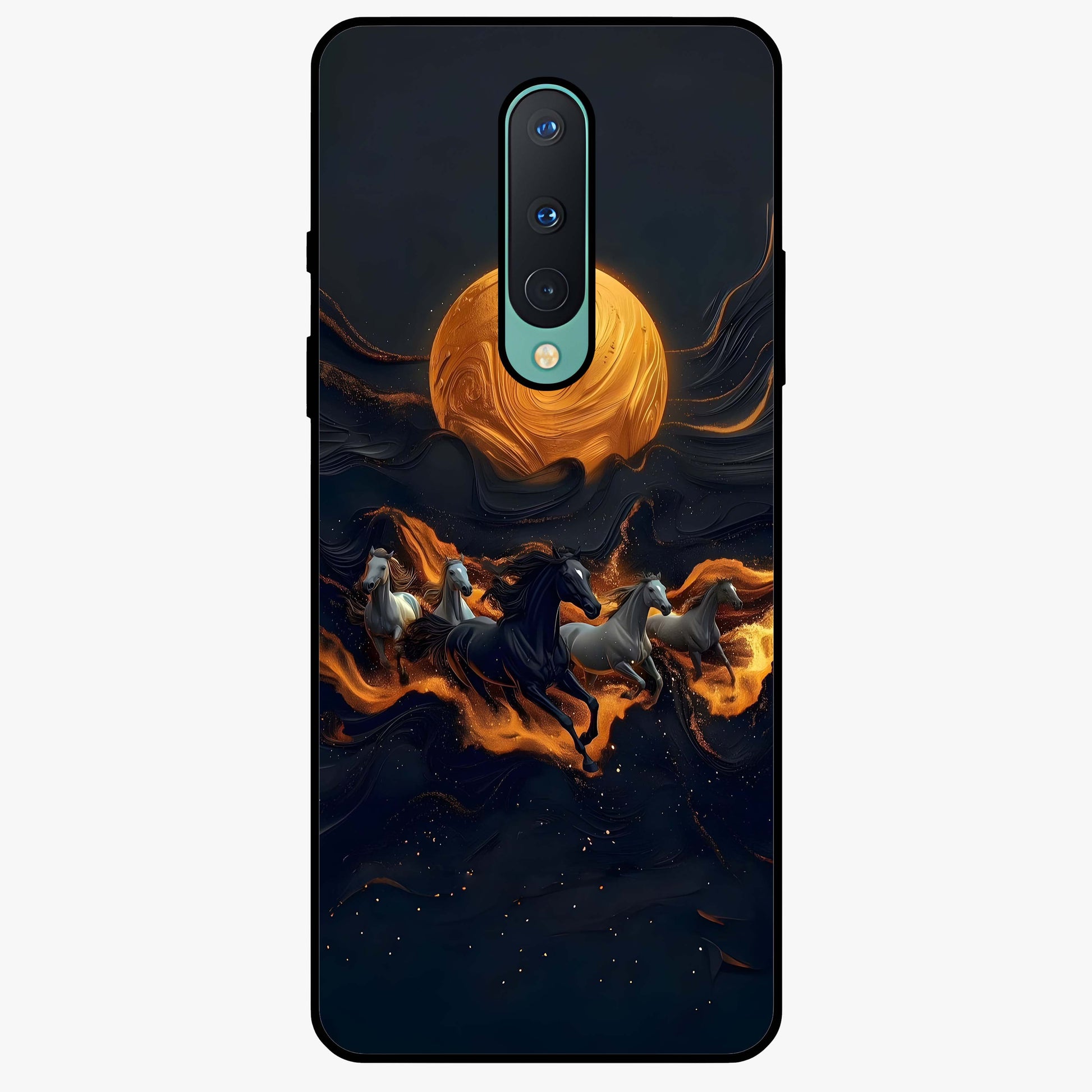 Golden Stallion Moonride Glass Case showing flat back view with majestic horse under moonlight artwork and glossy glass finish.