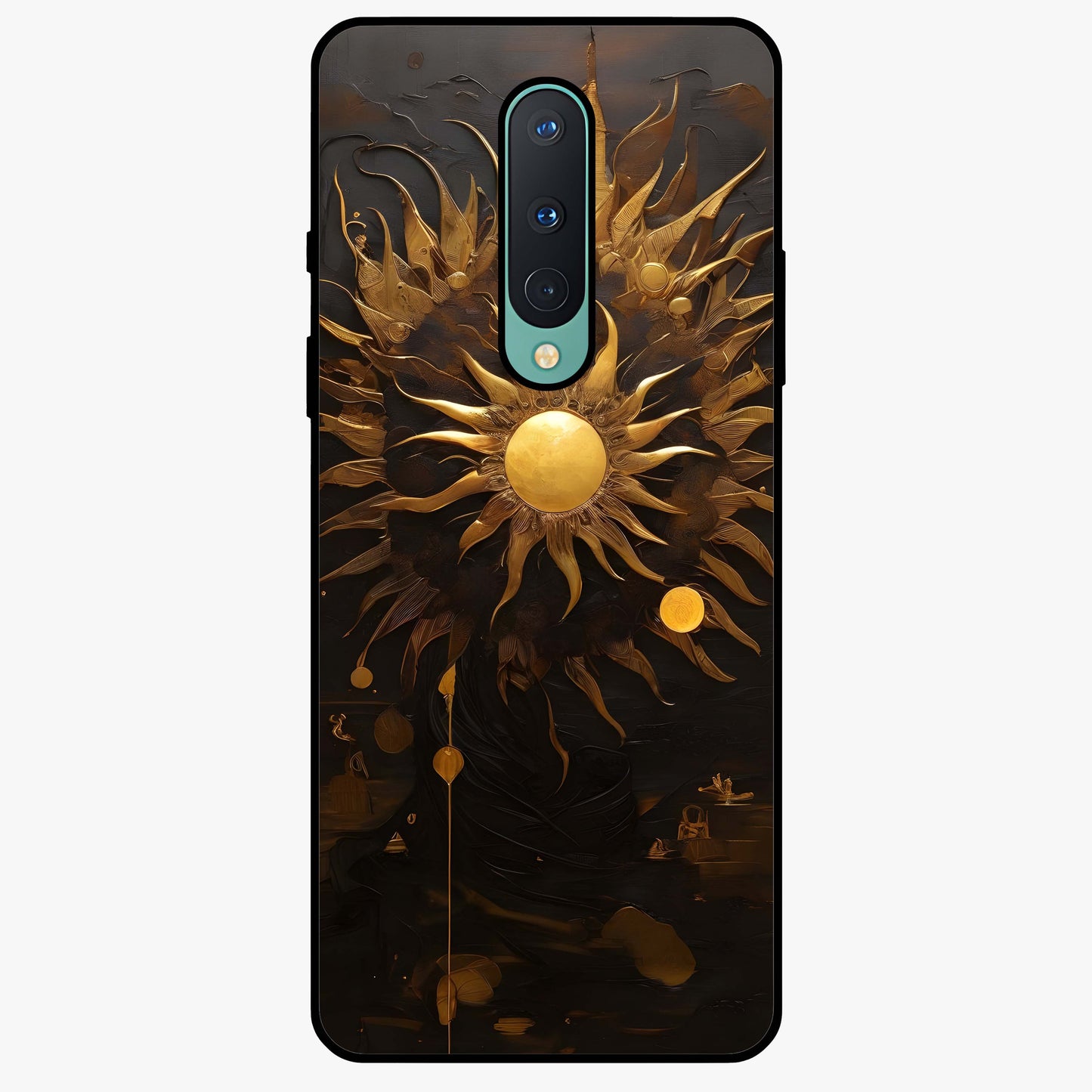 Golden Sun Majesty Glass Case showing flat back view with radiant golden sun artwork and glossy glass finish.
