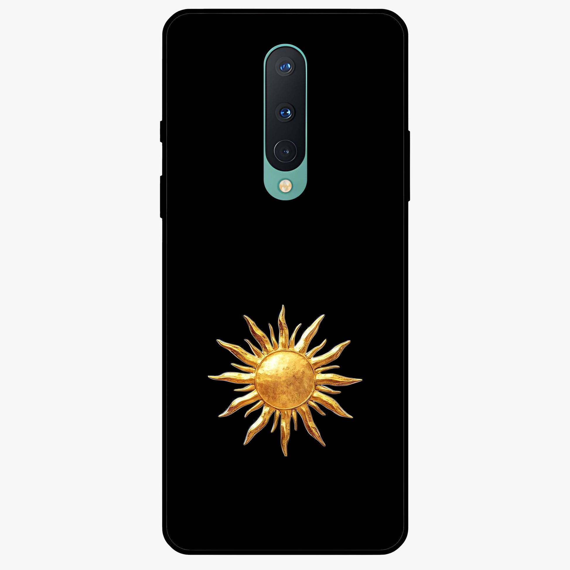 Golden Sun Minimalism Glass Case showing flat back view with minimal golden sun artwork and glossy glass finish.