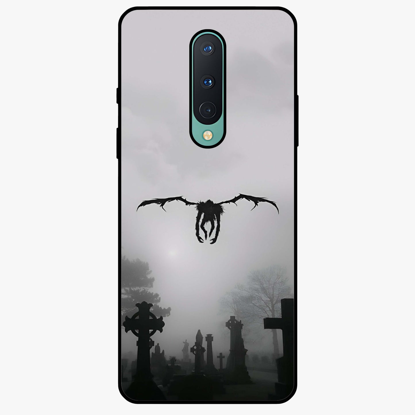 Graveyard Shadow Descent Glass Case showing flat back view with dark graveyard themed artwork and glossy glass finish.