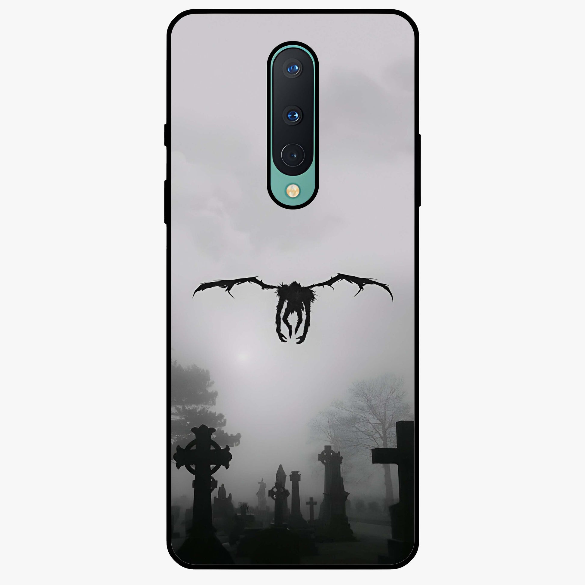 Graveyard Shadow Descent Glass Case showing flat back view with dark graveyard themed artwork and glossy glass finish.