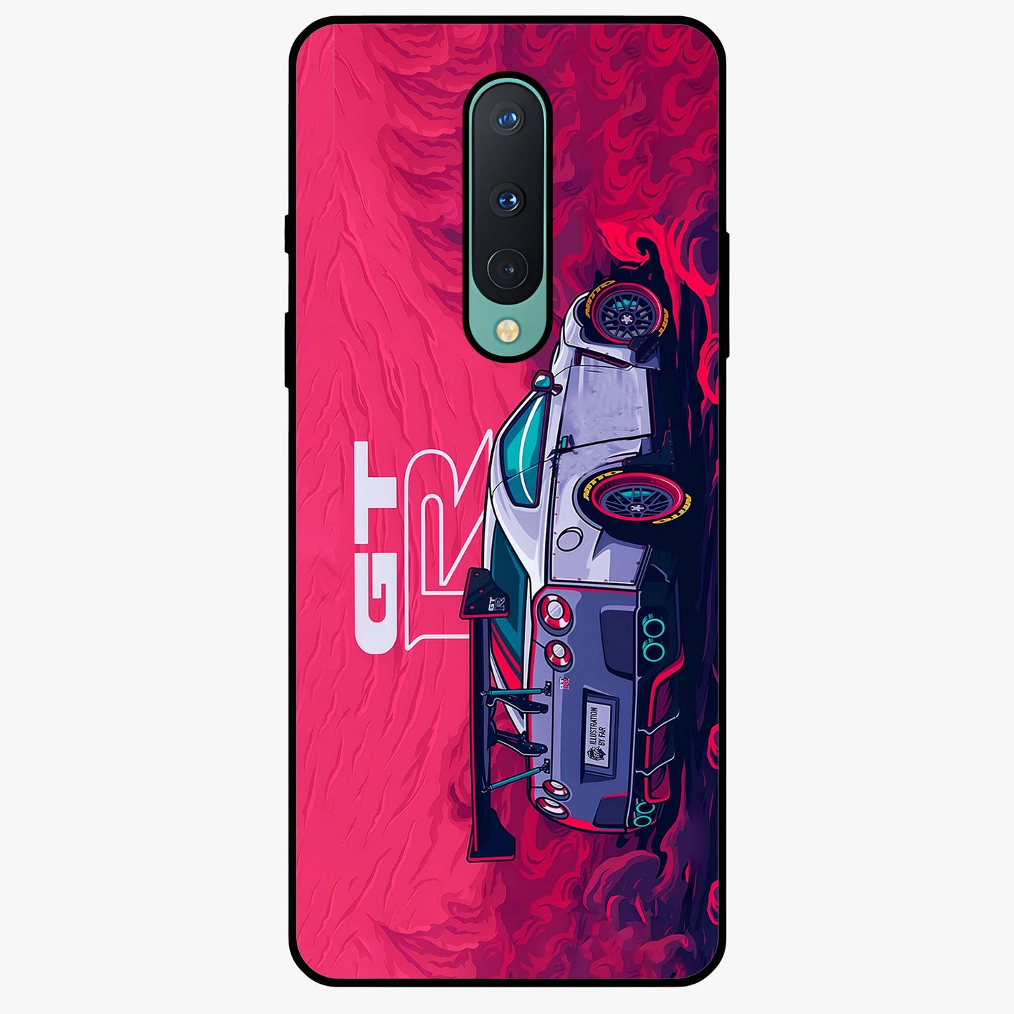 GT-R Car Pattern Glass Case showing flat back view with sporty car inspired pattern artwork and glossy glass finish.