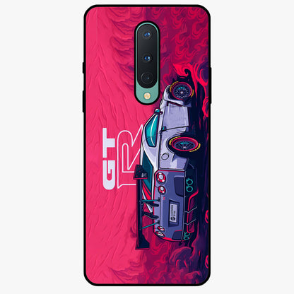 GT-R Car Pattern Glass Case showing flat back view with sporty car inspired pattern artwork and glossy glass finish.