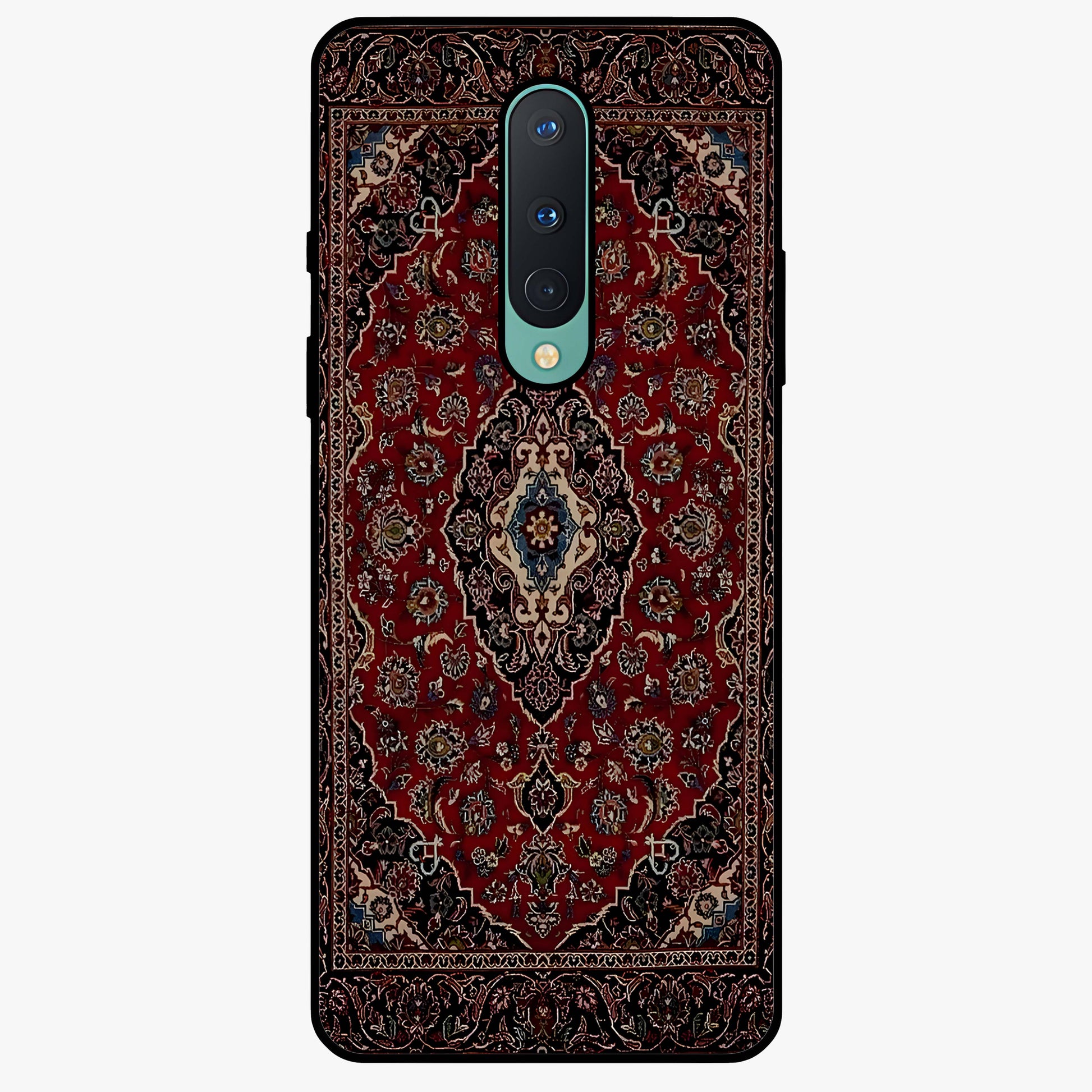 Heritage Carpet Royale Glass Case showing flat back view with ornate Persian carpet inspired pattern and glossy glass finish.