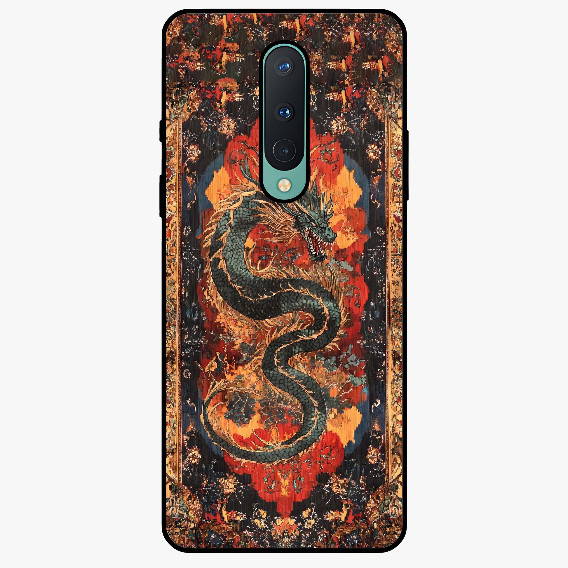 Inferno Dragon Soul Glass Case showing flat back view with fiery dragon artwork and glossy glass finish.