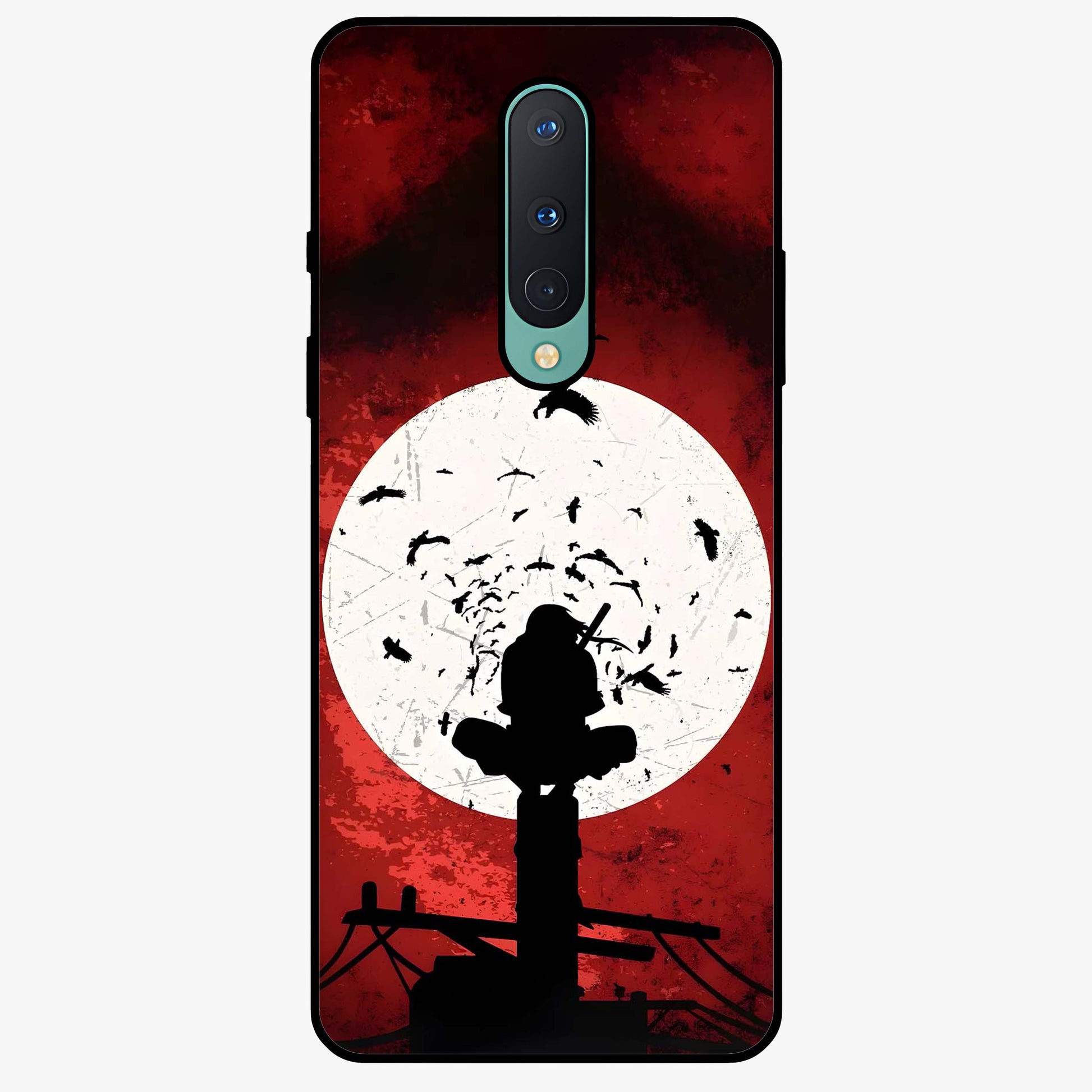 Itachi Sharingan Glass Case showing flat back view with powerful anime eye artwork and glossy glass finish.
