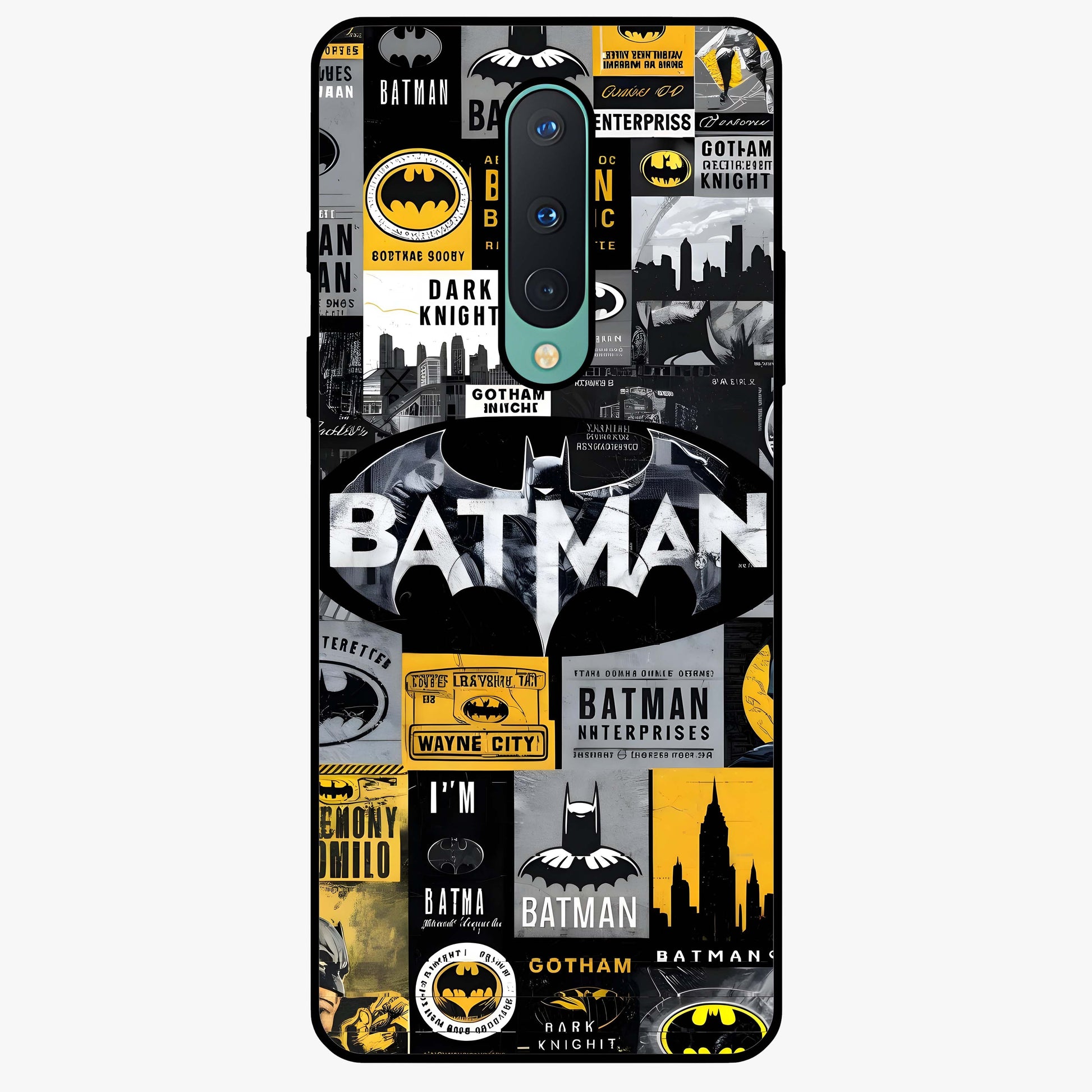 Knight Gotham Rise Glass Case showing flat back view with dark hero inspired artwork and glossy glass finish.