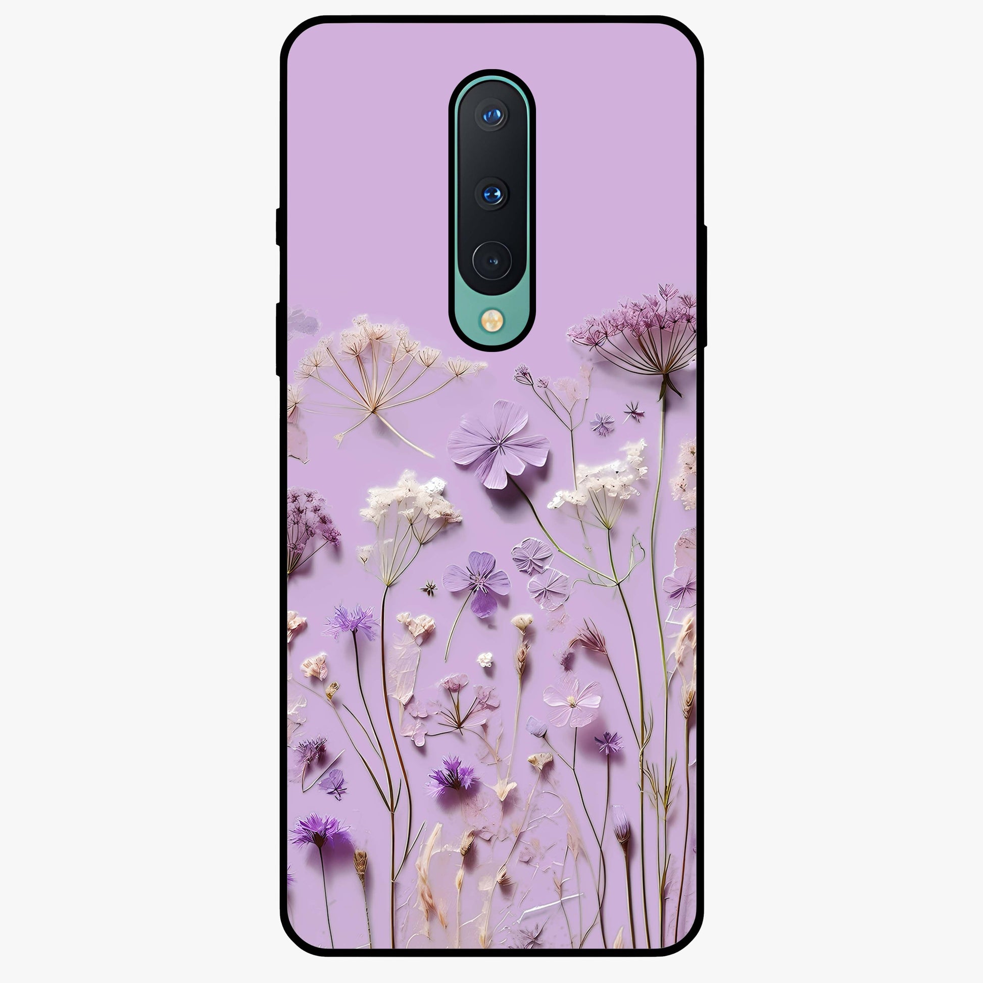 Lavender Blossom Dream Glass Case showing flat back view with soft lavender floral artwork and glossy glass finish.