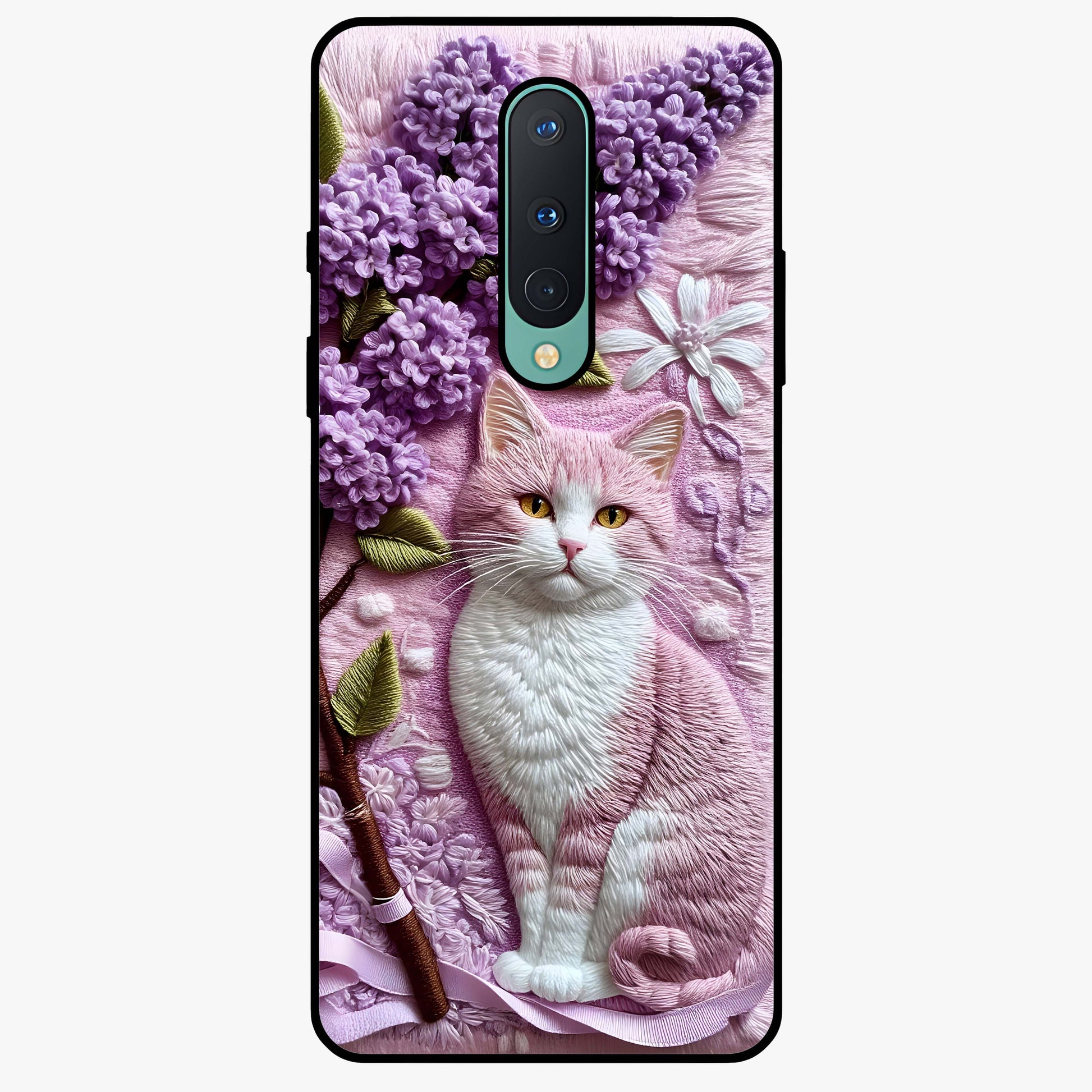 Lavender Cat Whimsy Glass Case showing flat back view with cute lavender cat artwork and glossy glass finish.